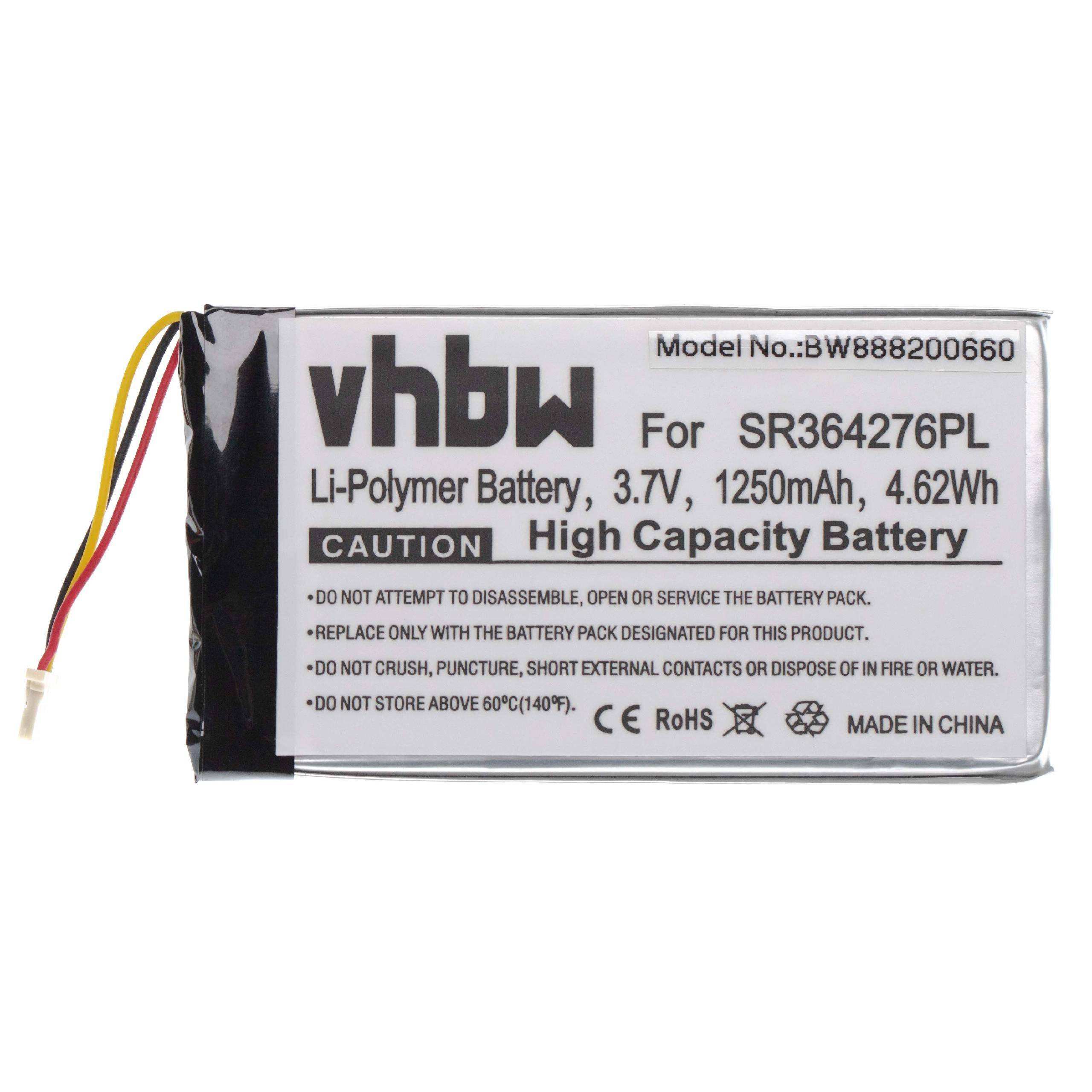 Hochkapazitäts-Lithium-Polymer-Akku, Modell SR364276PL, 3,7V, 1250mAh, 4,62Wh. Vorsichtsmaßnahmen zur ordnungsgemäßen Verwendung und Entsorgung. Hergestellt in China.