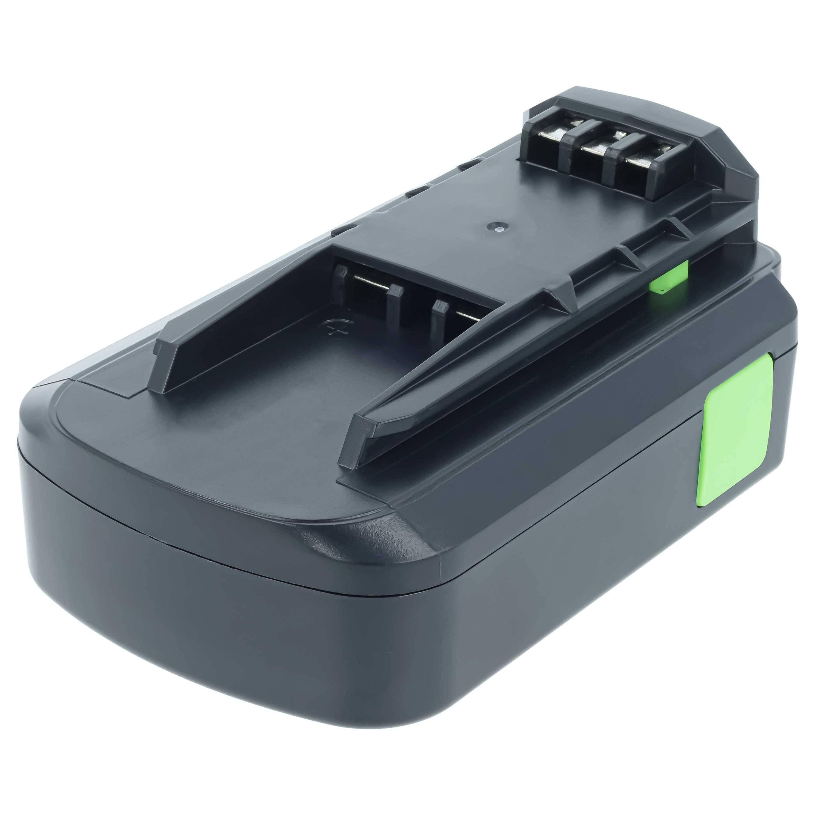 Schwarze wiederaufladbare Elektrowerkzeug-Batterie mit grünen Freigabe-Laschen auf weißem Hintergrund.