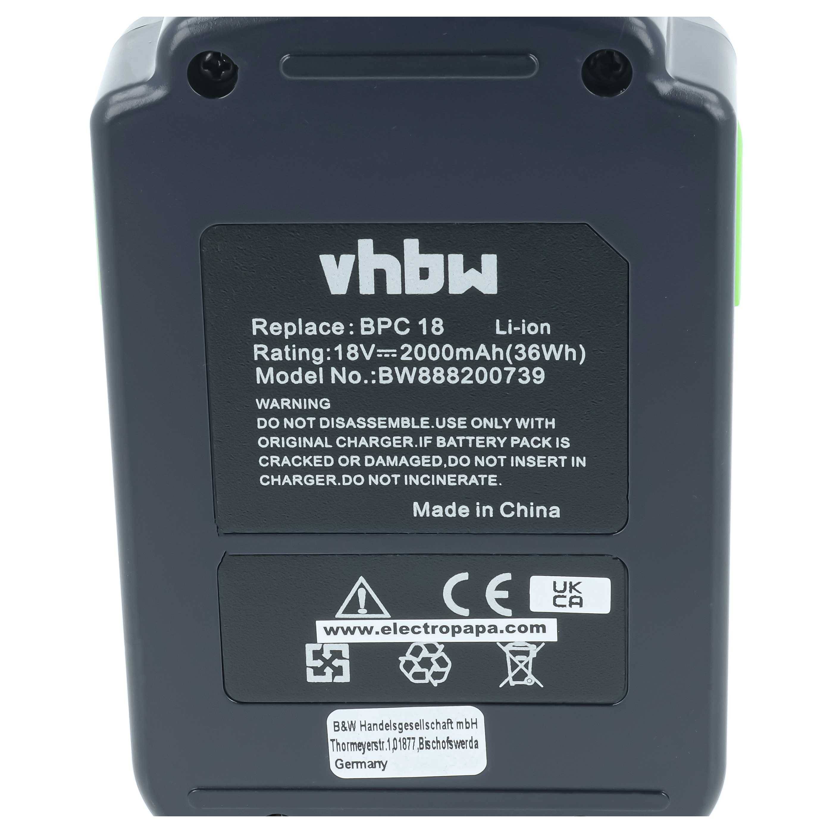 Schwarzes vhbw Li-Ionen-Akkupack mit Beschriftung für BPC 18, 18V 2000mAh, mit Sicherheitswarnungen und Made in China Text.