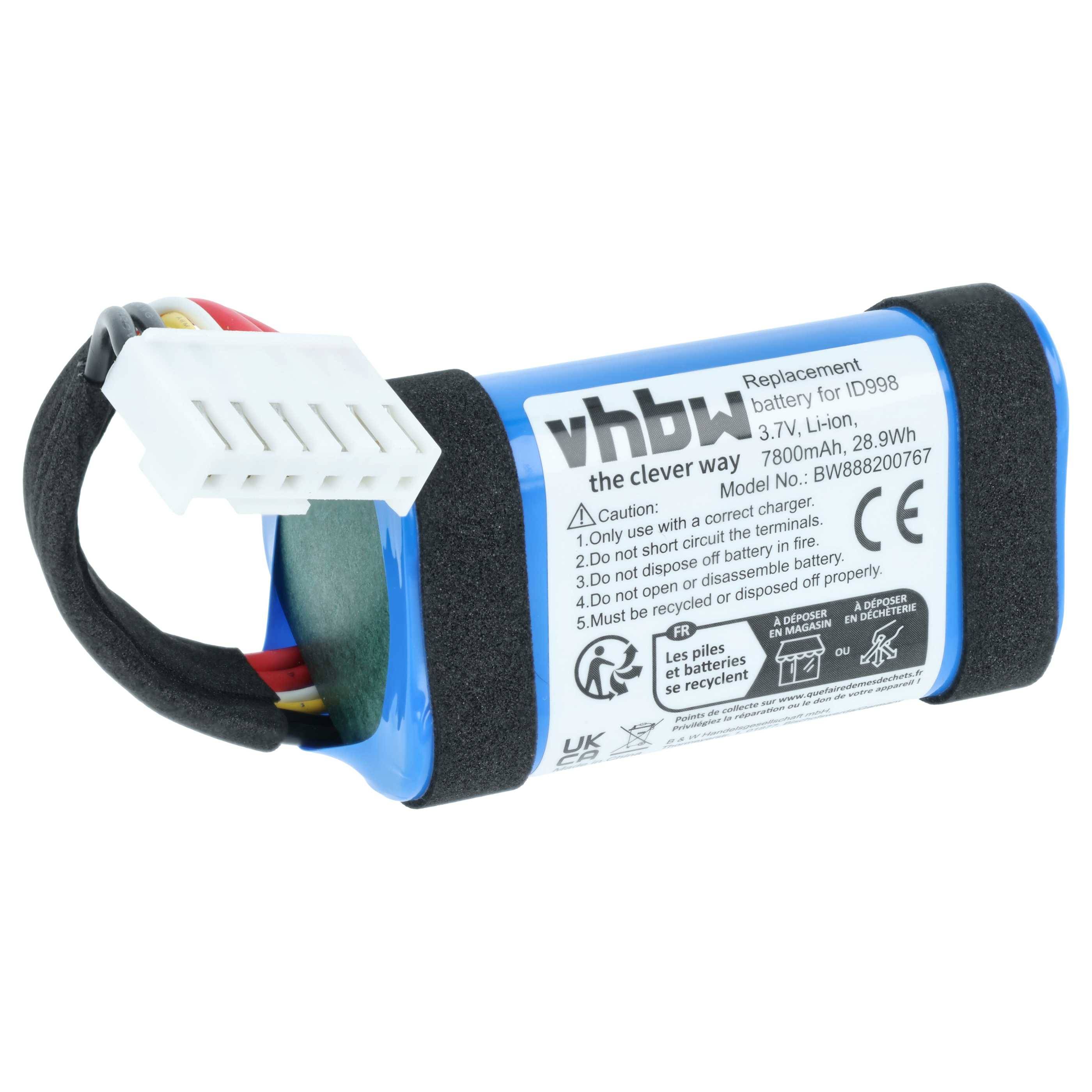 vhbw Akku Ersatz für JBL 1INR19/66-3, ID998, IY1068, IAA011NA für Lautsprecher Boxen Speaker (7800 mAh, 3,7 V, Li-Ion)