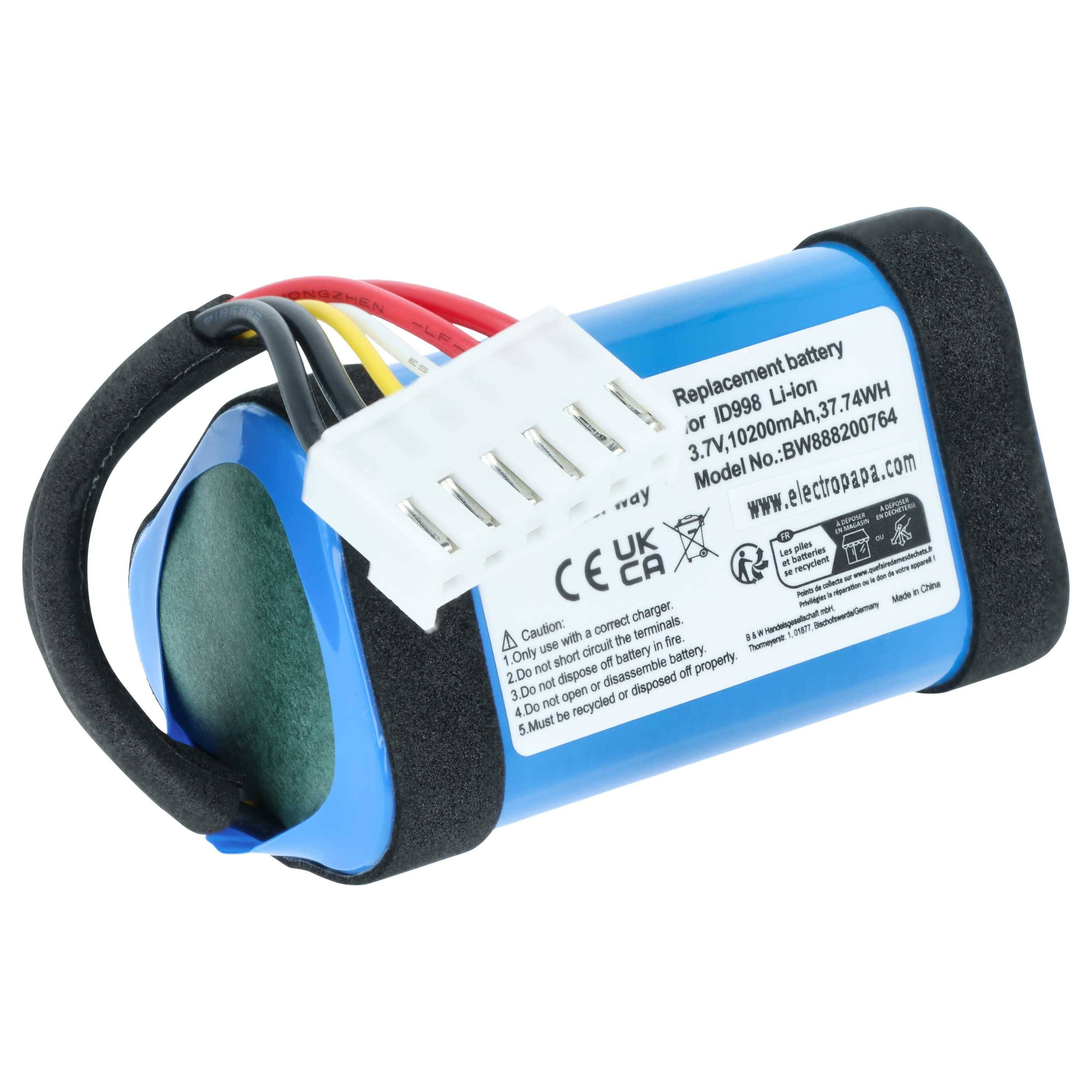 vhbw Akku Ersatz für JBL 1INR19/66-3, ID998, IY1068, IAA011NA, SUN-INTE-118 für Lautsprecher Boxen Speaker (10200 mAh, 3,7 V, Li-Ion)