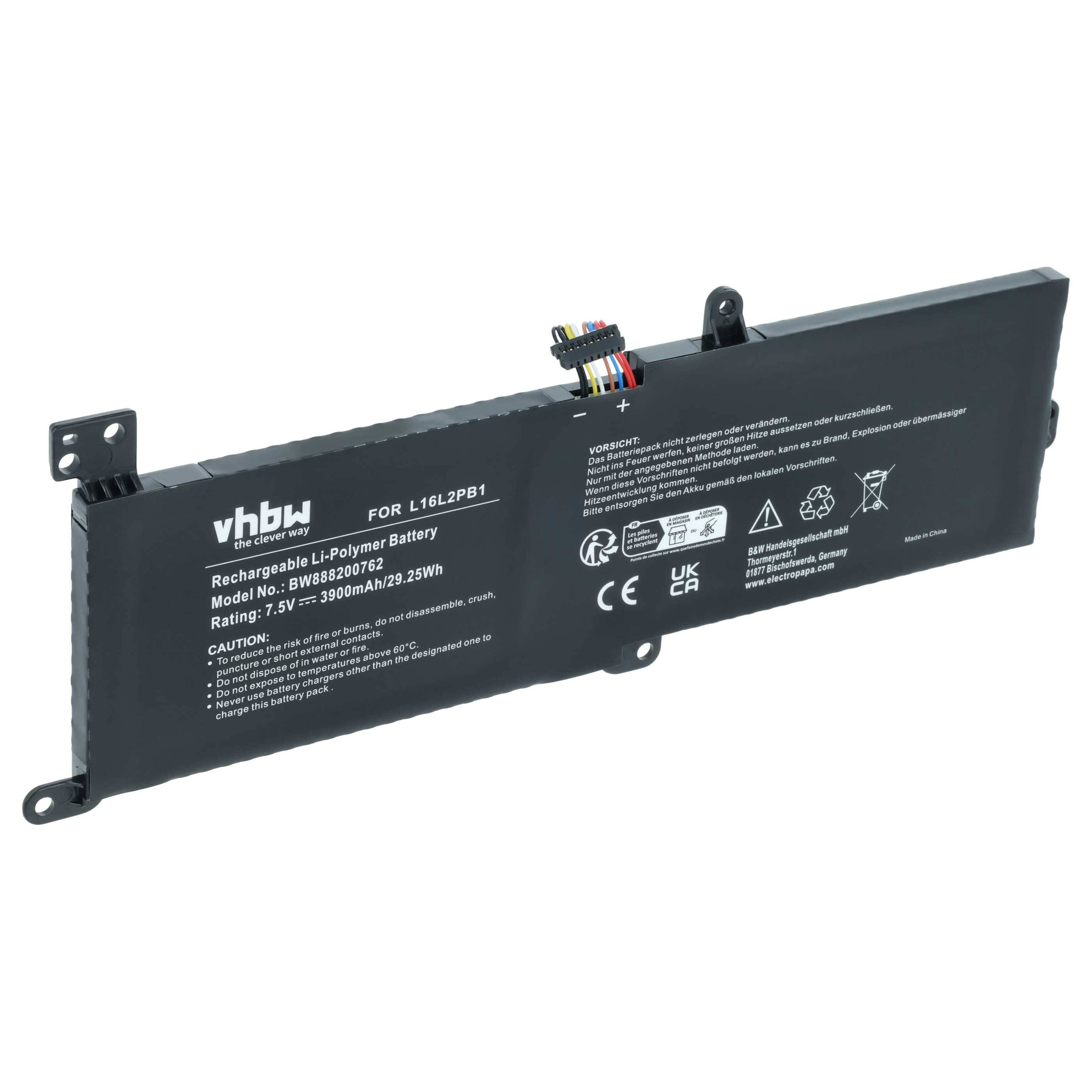 vhbw Akku Ersatz für Lenovo L16C2PB2, L16L2PB1, L16L2PB2, L16L2PB3, L16M2PB1, L16M2PB3, L16S2PB2 für Notebook (3900 mAh, 7,5 V, Li-Polymer)