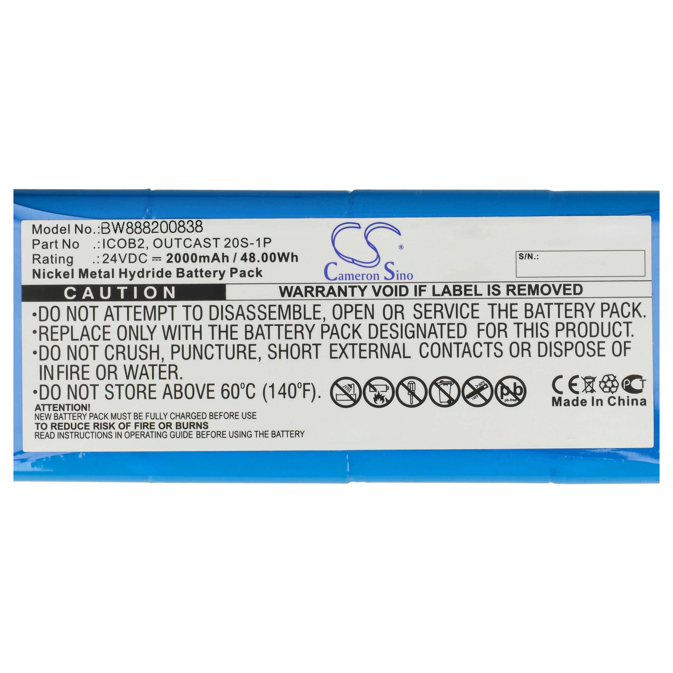 „Batterieaufkleber mit Modellnummer BW888200838, 24V DC, 2000mAh, 48,00Wh. Warnung: Nicht quetschen, durchstechen oder ins Feuer werfen.