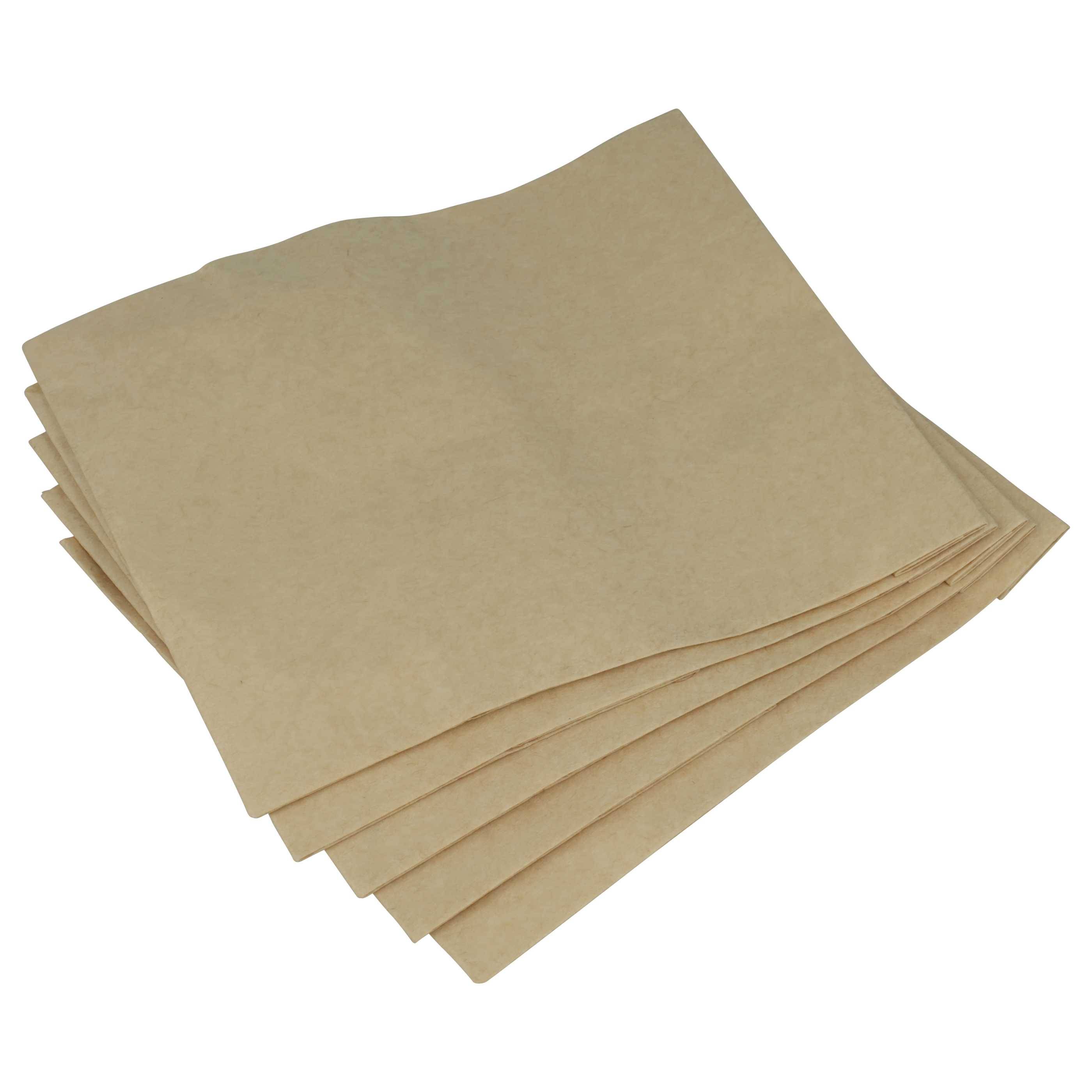Sechs beige Pergamentpapierblätter, übereinander gestapelt, mit glatter Textur und sauberen Kanten.