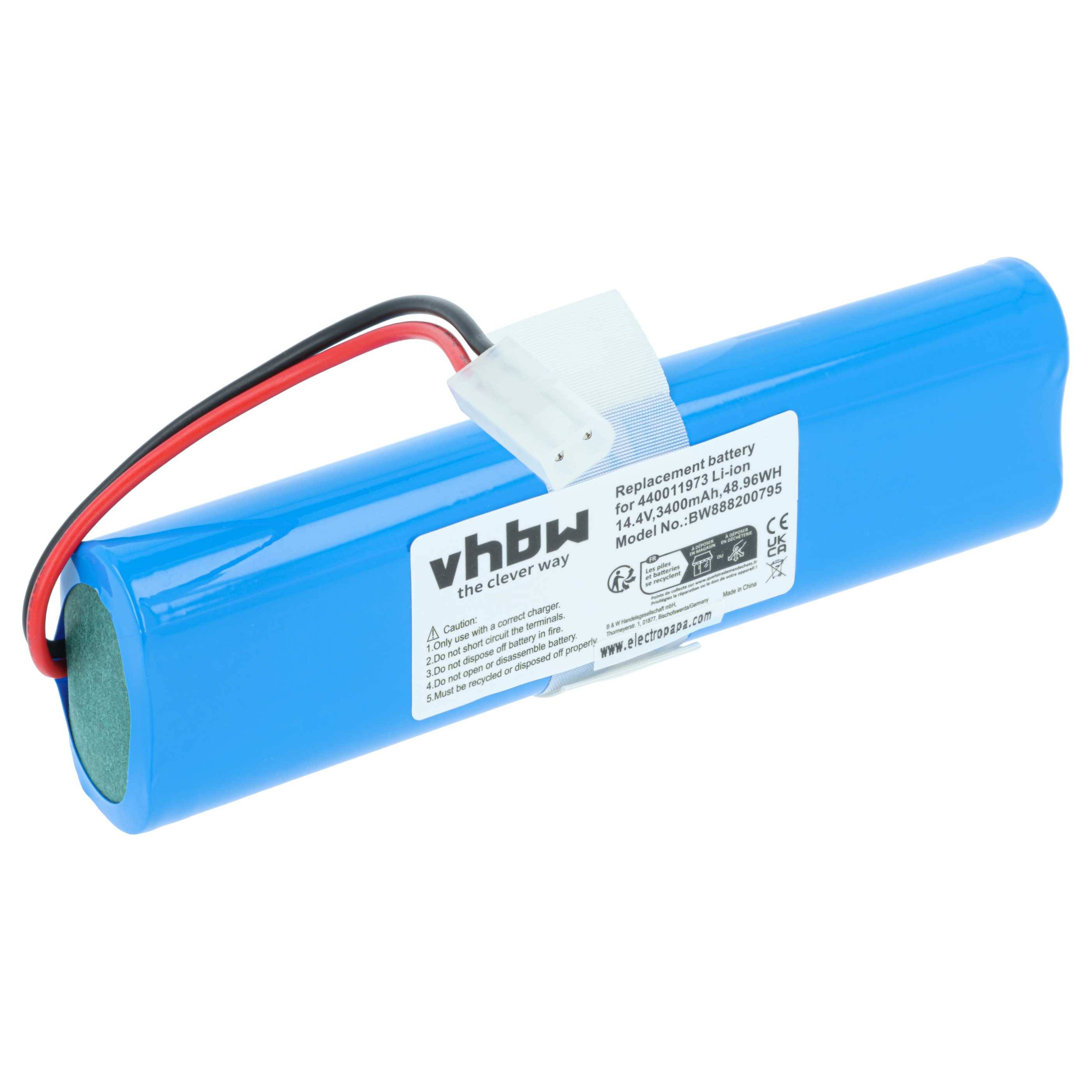 Blauer zylindrischer wiederaufladbarer Akku mit roten und schwarzen Kabeln und einem weißen Stecker, mit der Bezeichnung vhbw.