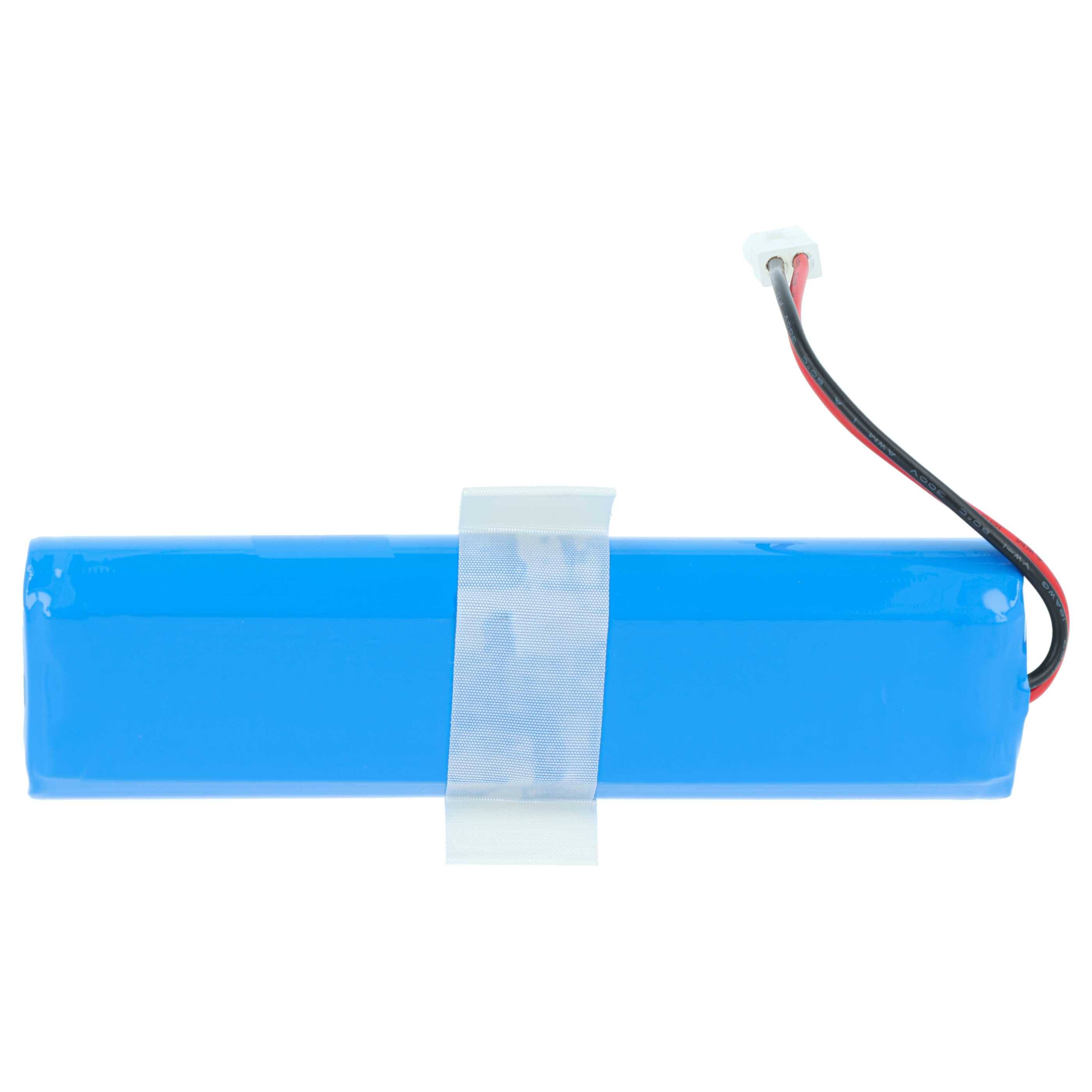 Blaues wiederaufladbares Batteriepak in Klebeband eingewickelt mit roten und schwarzen Drähten und Steckerleitung.