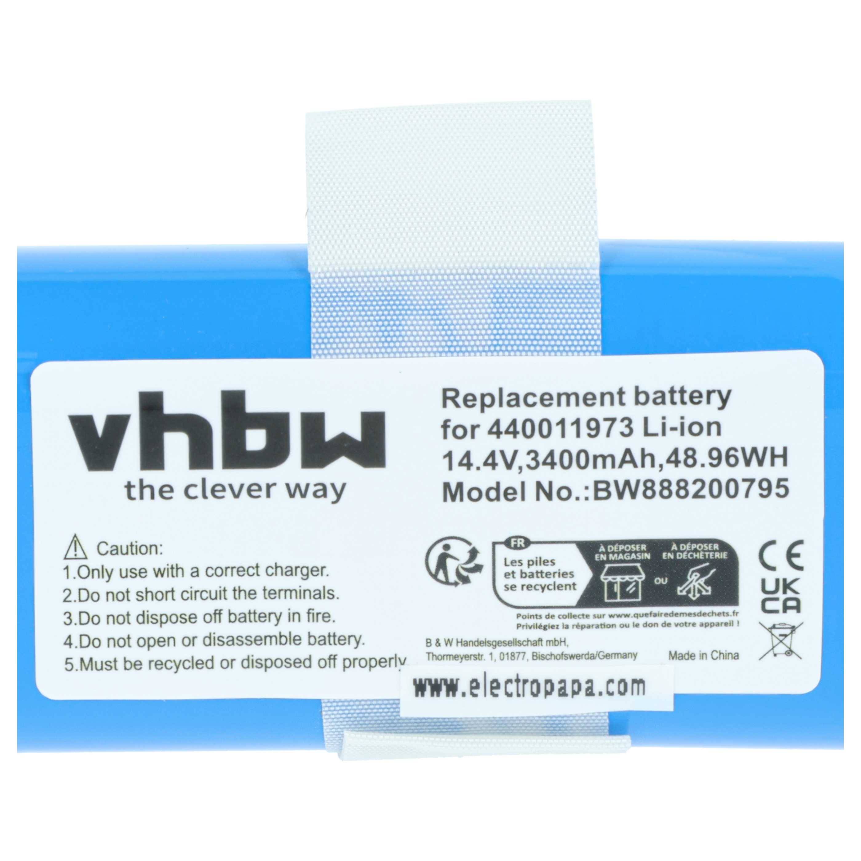 VHBW Ersatz-Li-Ionen-Akkupack mit Bezeichnung 14,4V, 3400mAh, 48,96Wh, Modellnummer Bw88200795, mit Sicherheitswarnungen und Recycling-Symbolen.