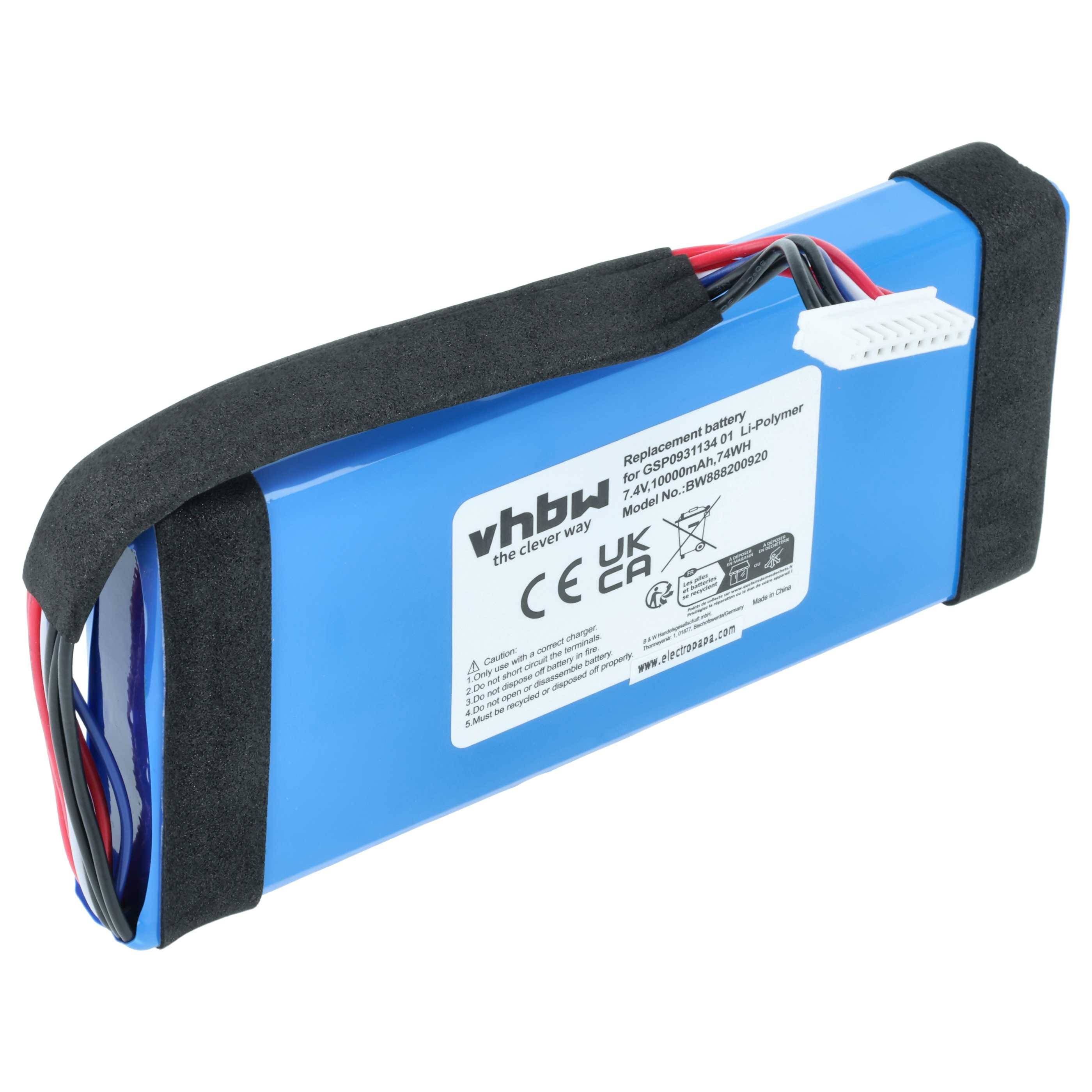 vhbw Akku kompatibel mit JBL JEM3317, JEM3318, JEM3316, Boombox Lautsprecher Boxen Speaker (10000 mAh, 7,4 V, Li-Polymer)