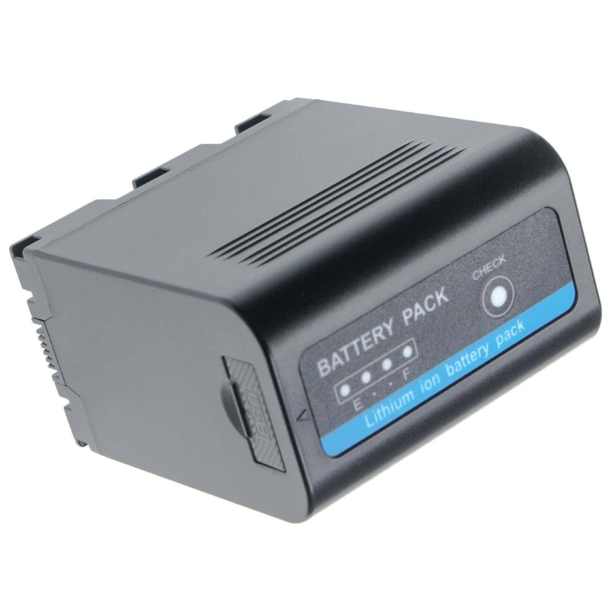 Ein schwarzes Lithium-Ionen-Batteriepaket mit einem Etikett, das Ladestände E, F und eine Prüftaste anzeigt.