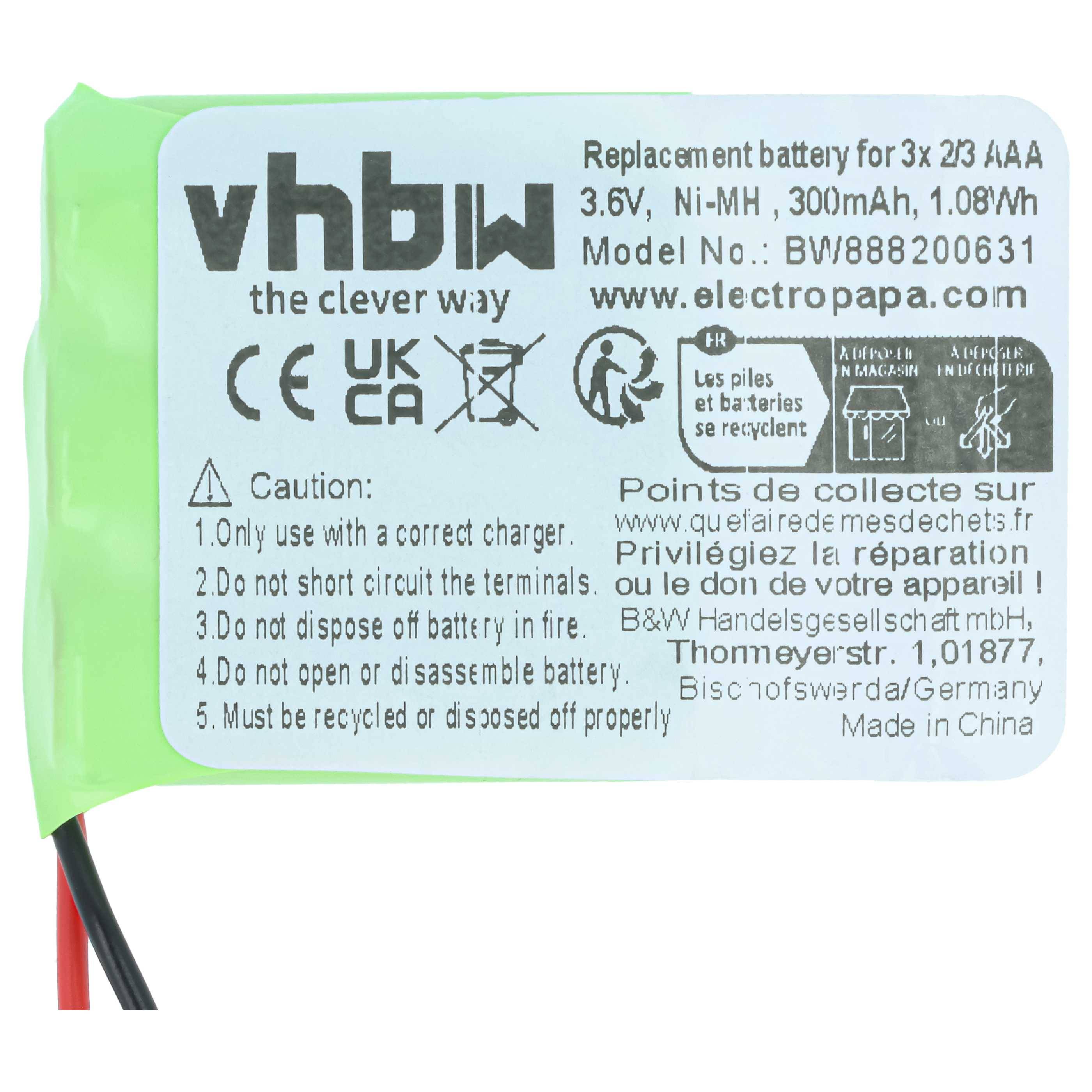 vhbw Akku für diverse Geräte (300mAh, 3,6V, NiMH) 3x Zellen Typ 2/3 AAA, 2/3 Micro