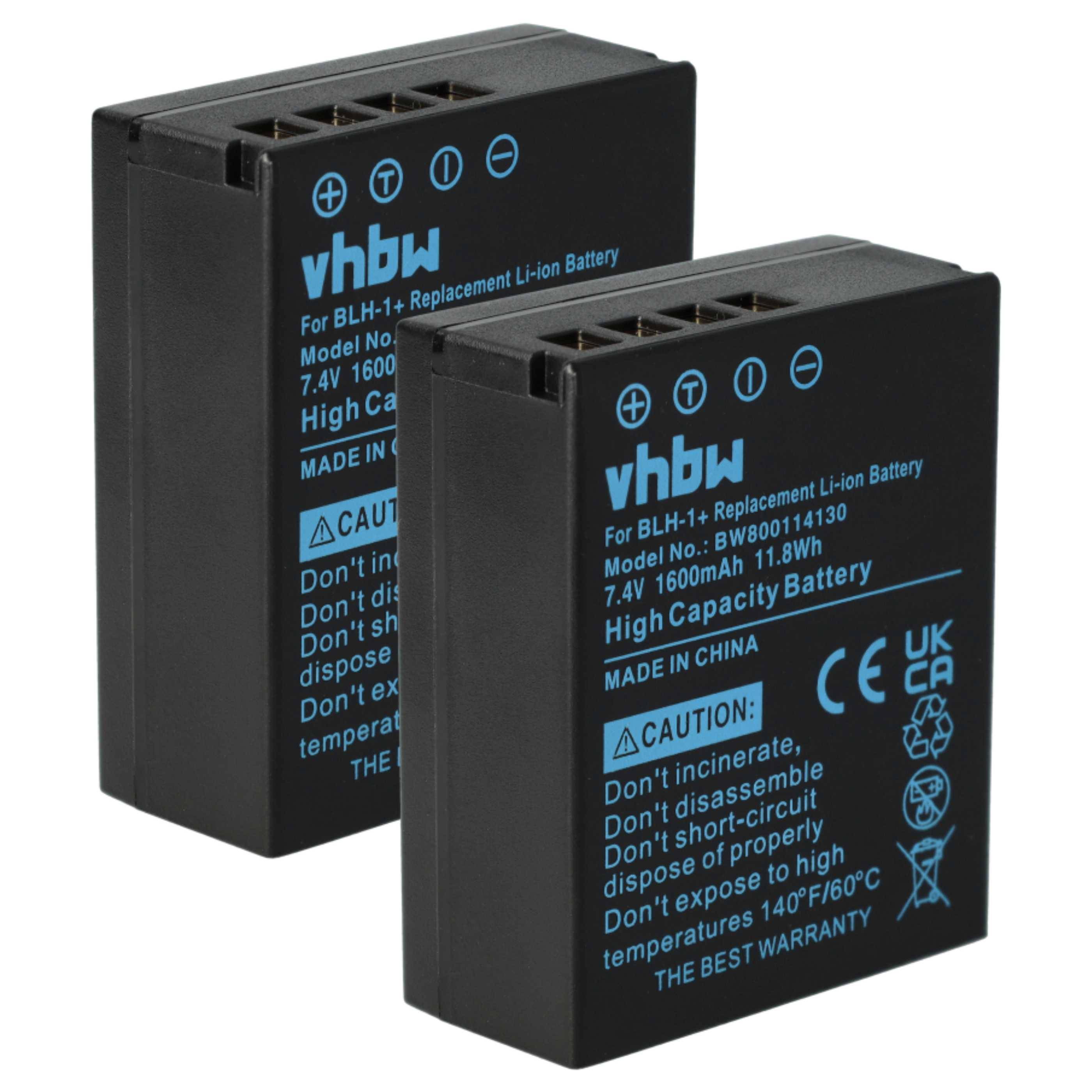 Zwei schwarze vhbw Ersatz-Lithium-Ionen-Kamerabatterien mit der Bezeichnung BLH-1, 7,4V 1600mAh, auf weißem Hintergrund dargestellt.