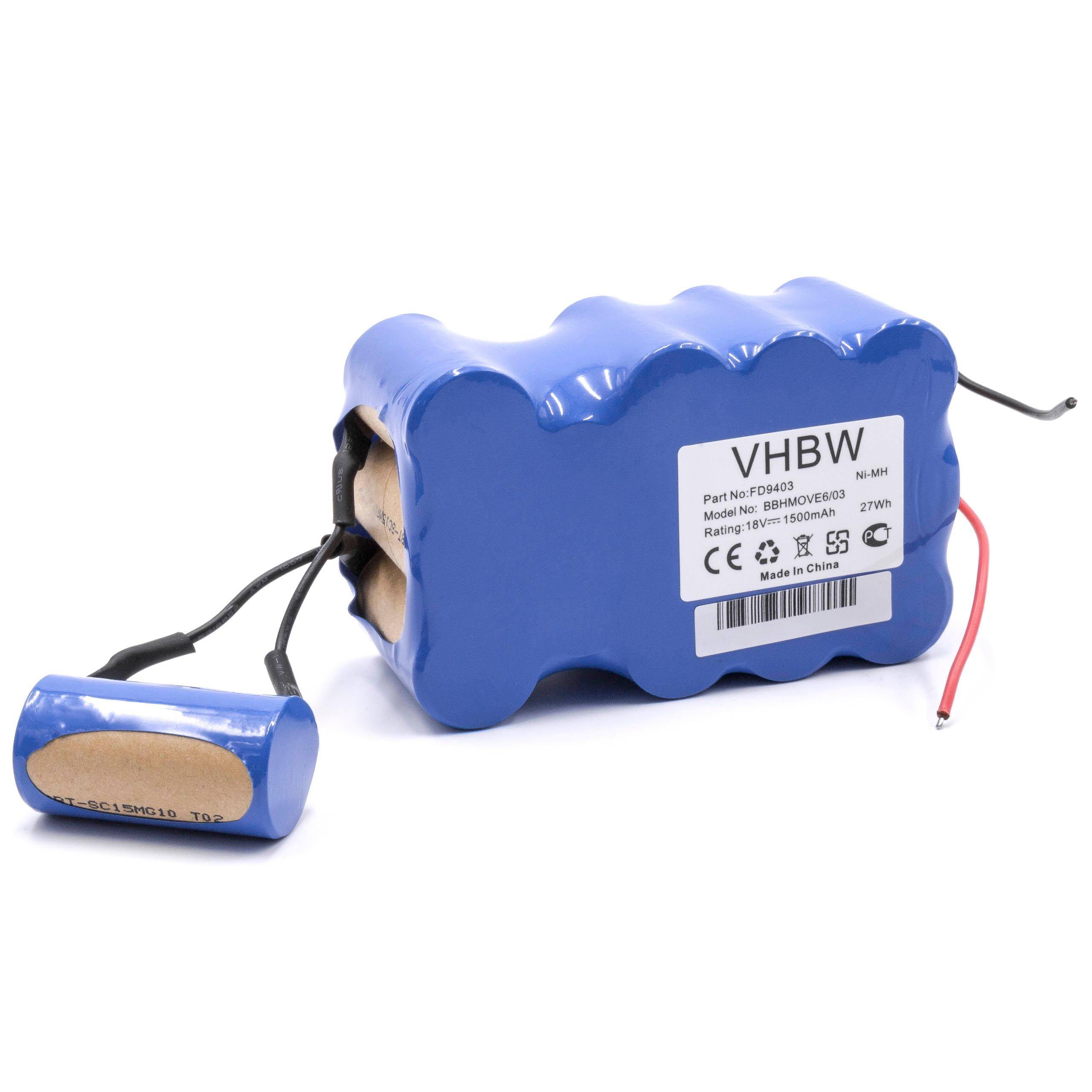Ein blauer wiederaufladbarer Batteriepack mit angeschlossenen Drähten, gekennzeichnet mit „VHBW