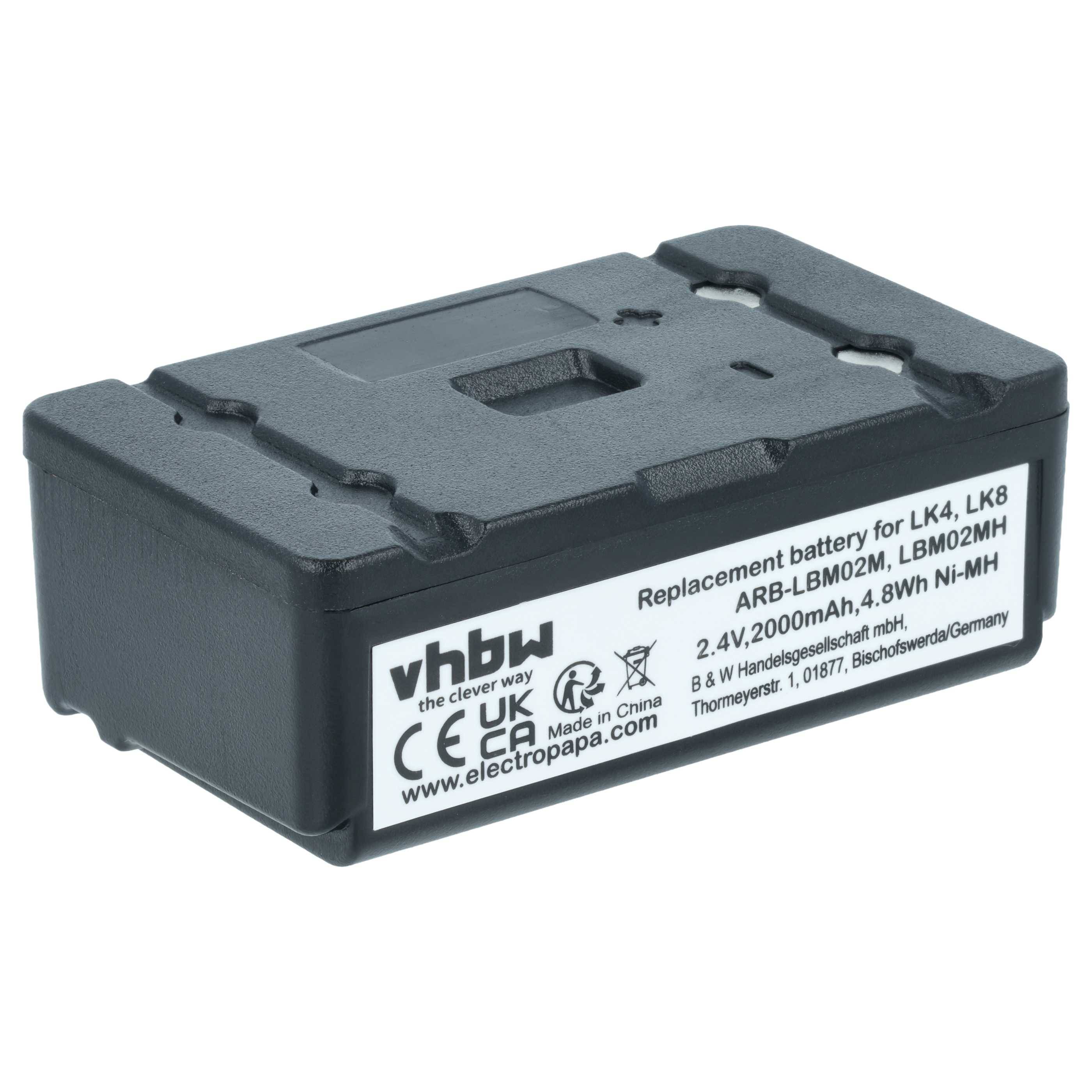 Ersatzbatterie für LK4, LK8. Modellnummern AB-LLM02M, LBM02MH. Spezifikationen: 2,4V, 2000mAh, 4,8Wh, Ni-MH. Hergestellt in China.