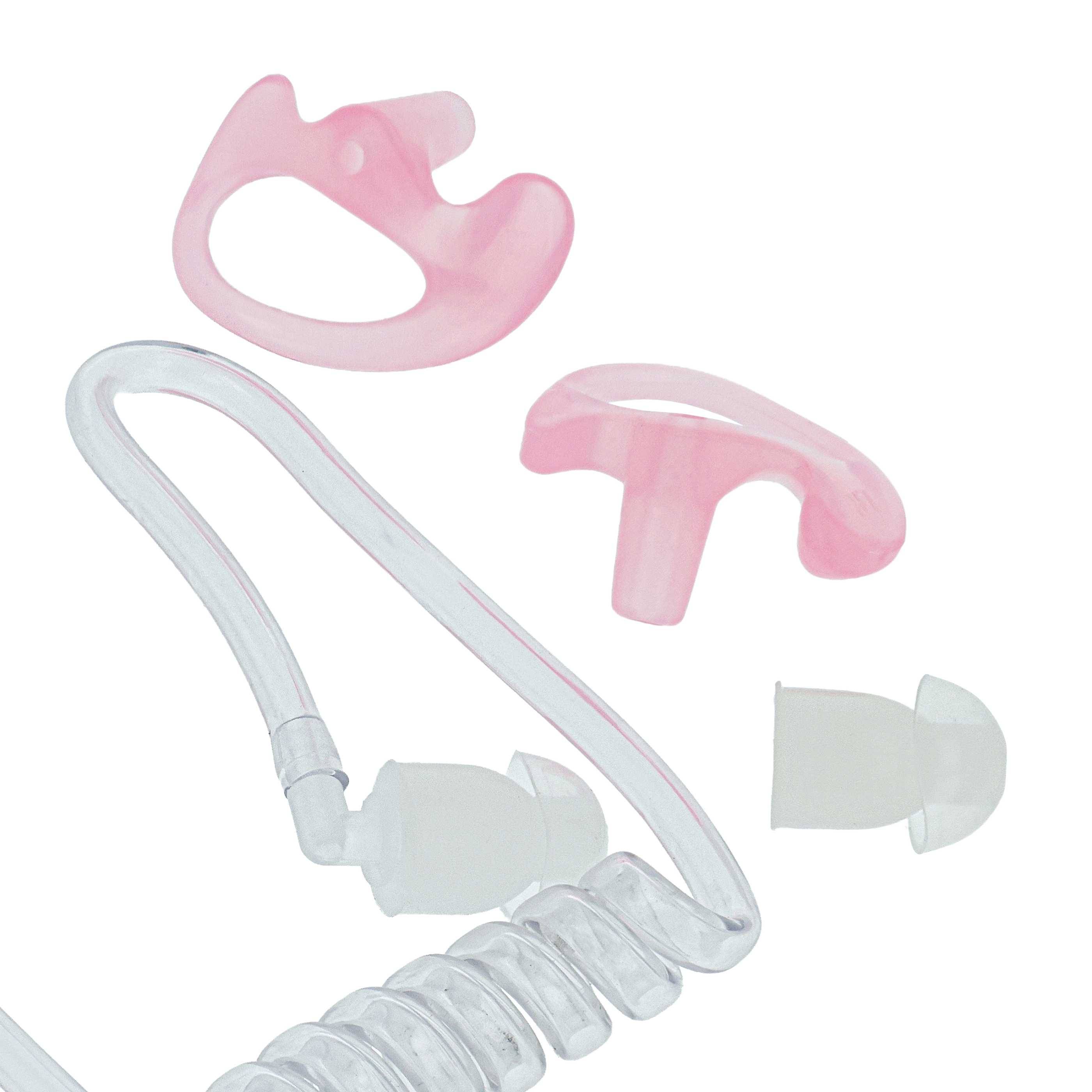 Satz klarer Silikonnasenluftwegteile, bestehend aus rosa und weißen Clips, Schläuchen und einem gewundenen Anschluss auf weißem Hintergrund.