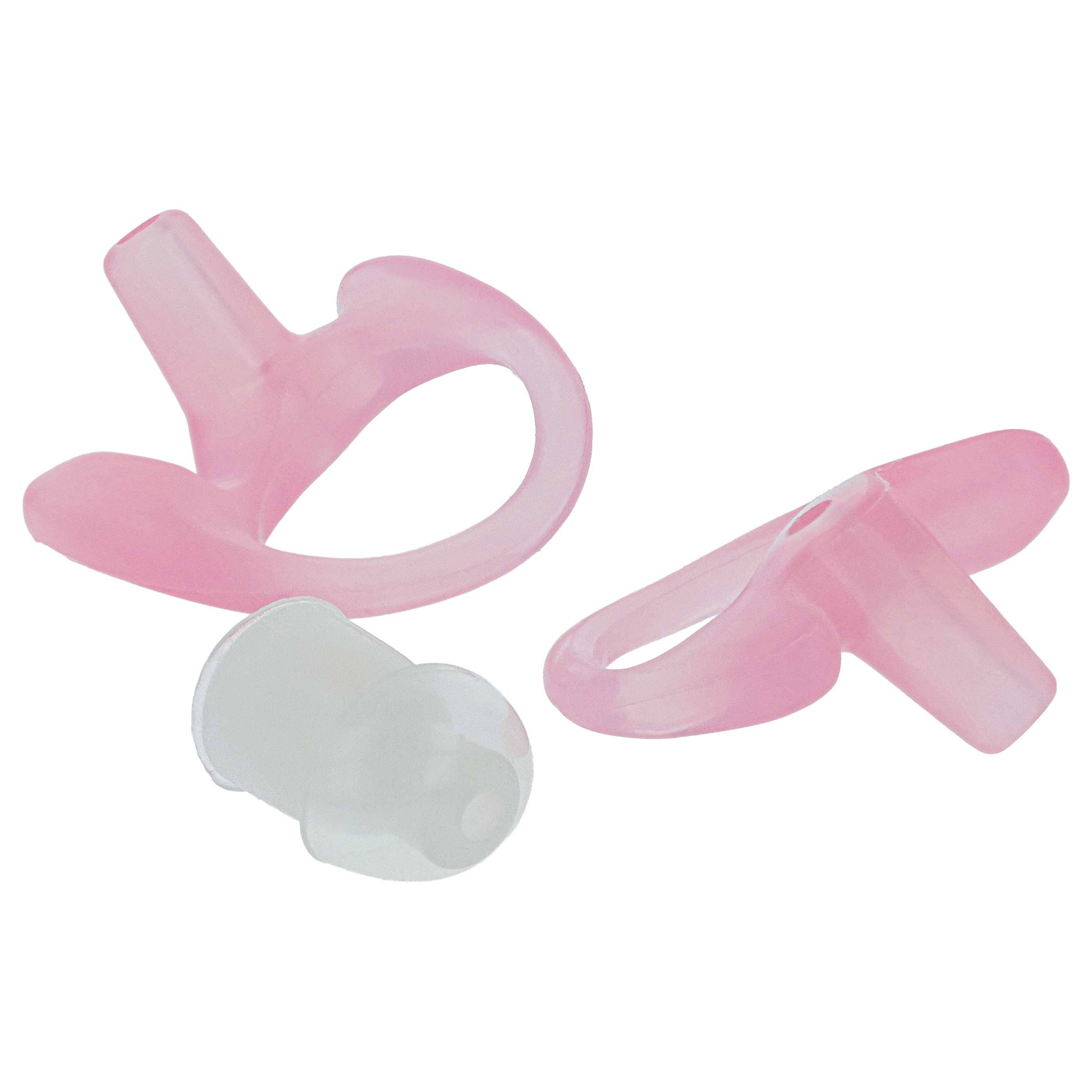 Drei silikon-artig aussehende Schleifenclips oder Riemen, zwei rosa und einer weiß, auf einem einfachen weißen Hintergrund angeordnet.