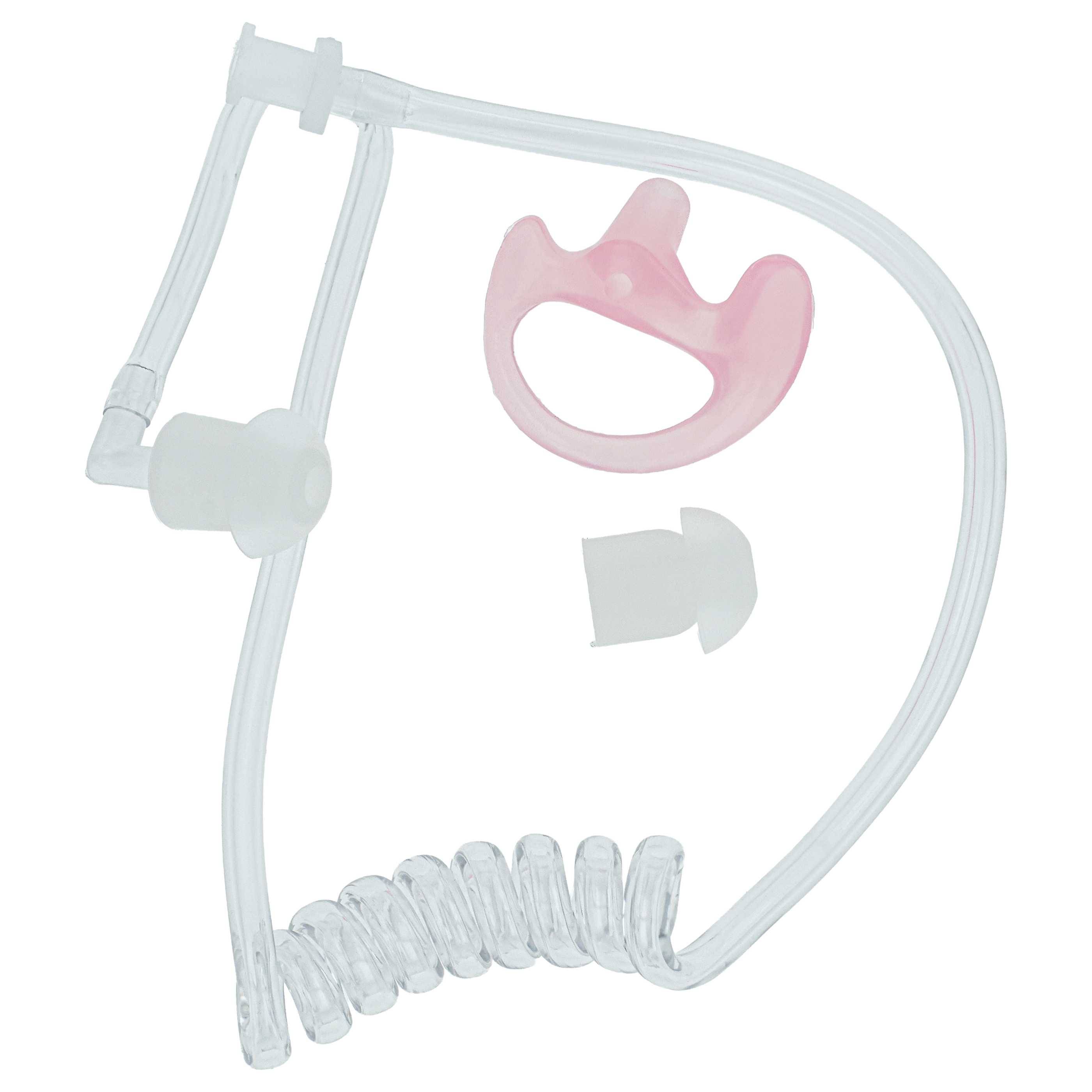Transparente nasale CPAP-Maske mit Kopfbefestigung, rosa Nasenstütze und Schlauchleitung für die Schlafapnoe-Therapie.