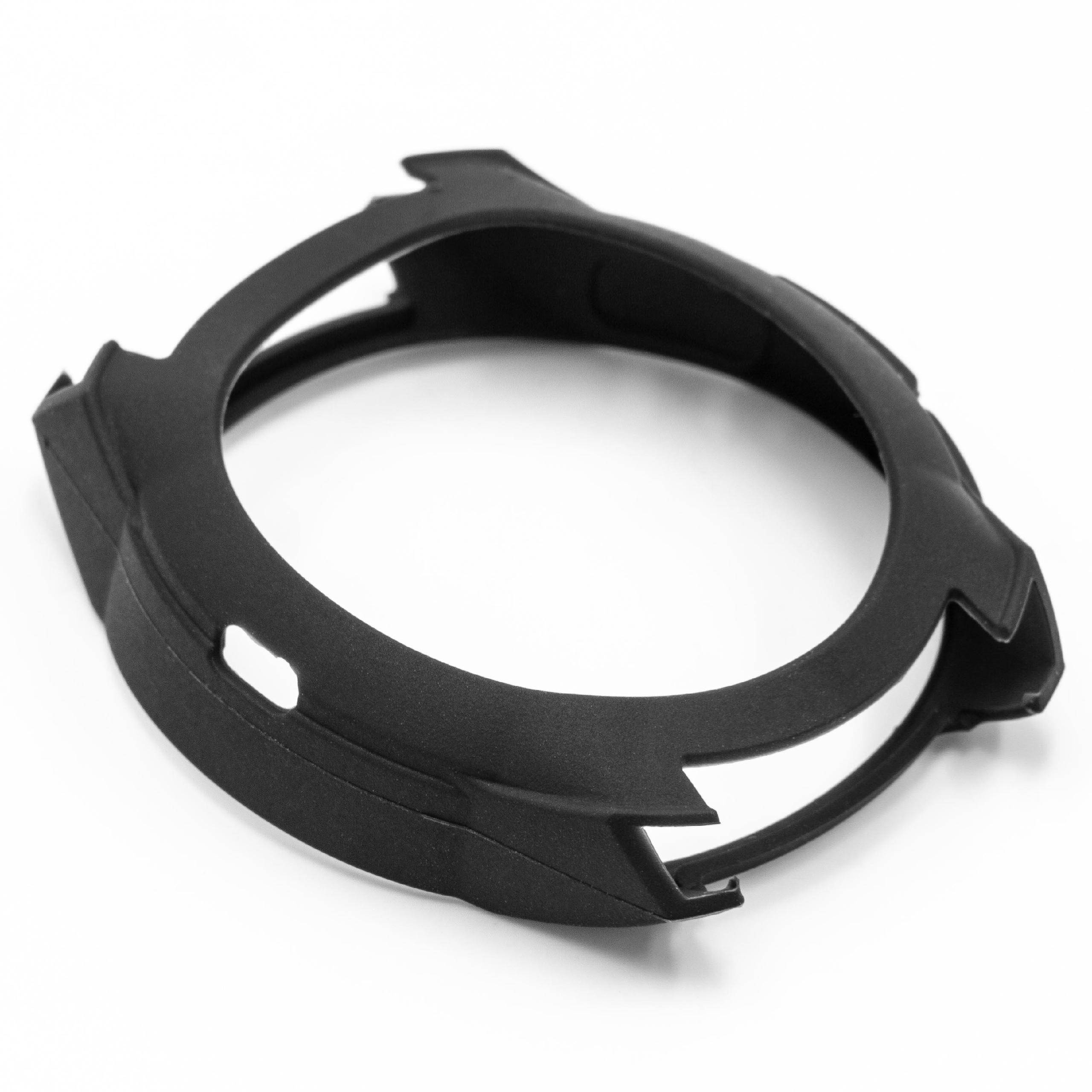 Schwarzer Kunststoff-Montagering oder Adapter mit kreisförmiger Form und gekerbten Laschen, gezeigt auf weißem Hintergrund.