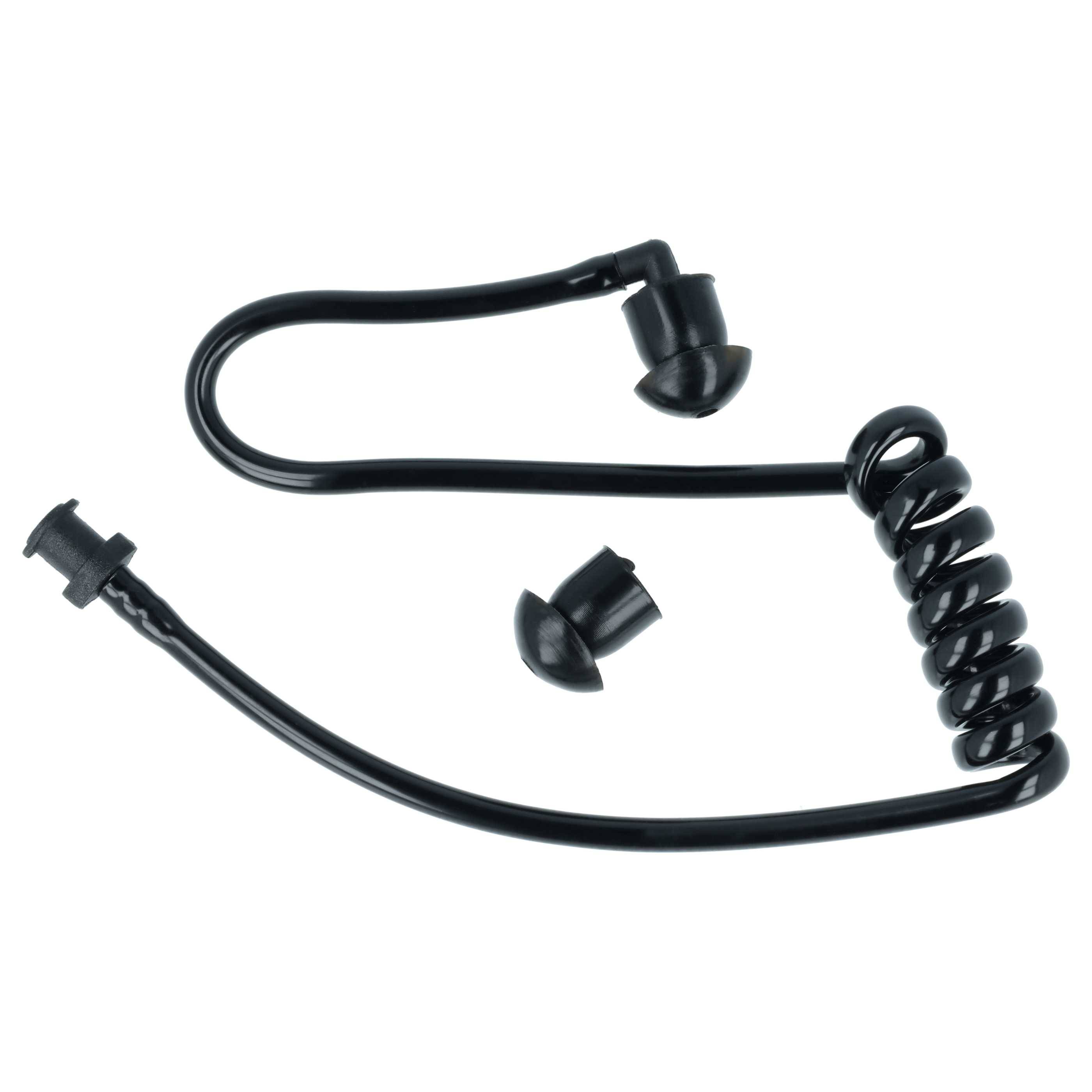 Schwarzes spiralförmiges Kabel mit zwei Endsteckverbindern und einer kleinen Kappe, dargestellt auf weißem Hintergrund.