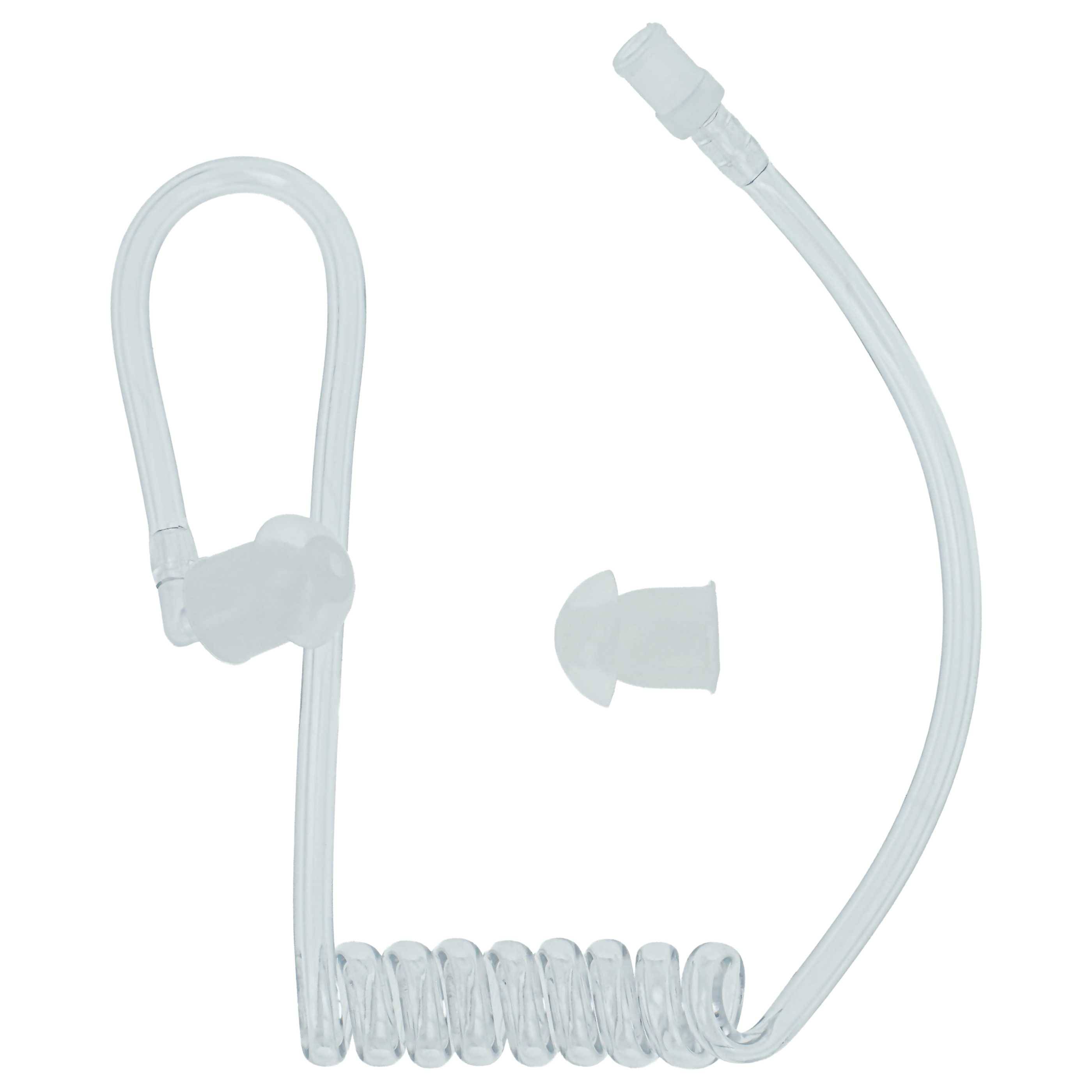 Ein klares spiralenförmiges Ohrpiece mit einem In-Ear-Aufsatz, das häufig für diskrete Audiokommunikation wie bei Sicherheit oder Überwachung verwendet wird.