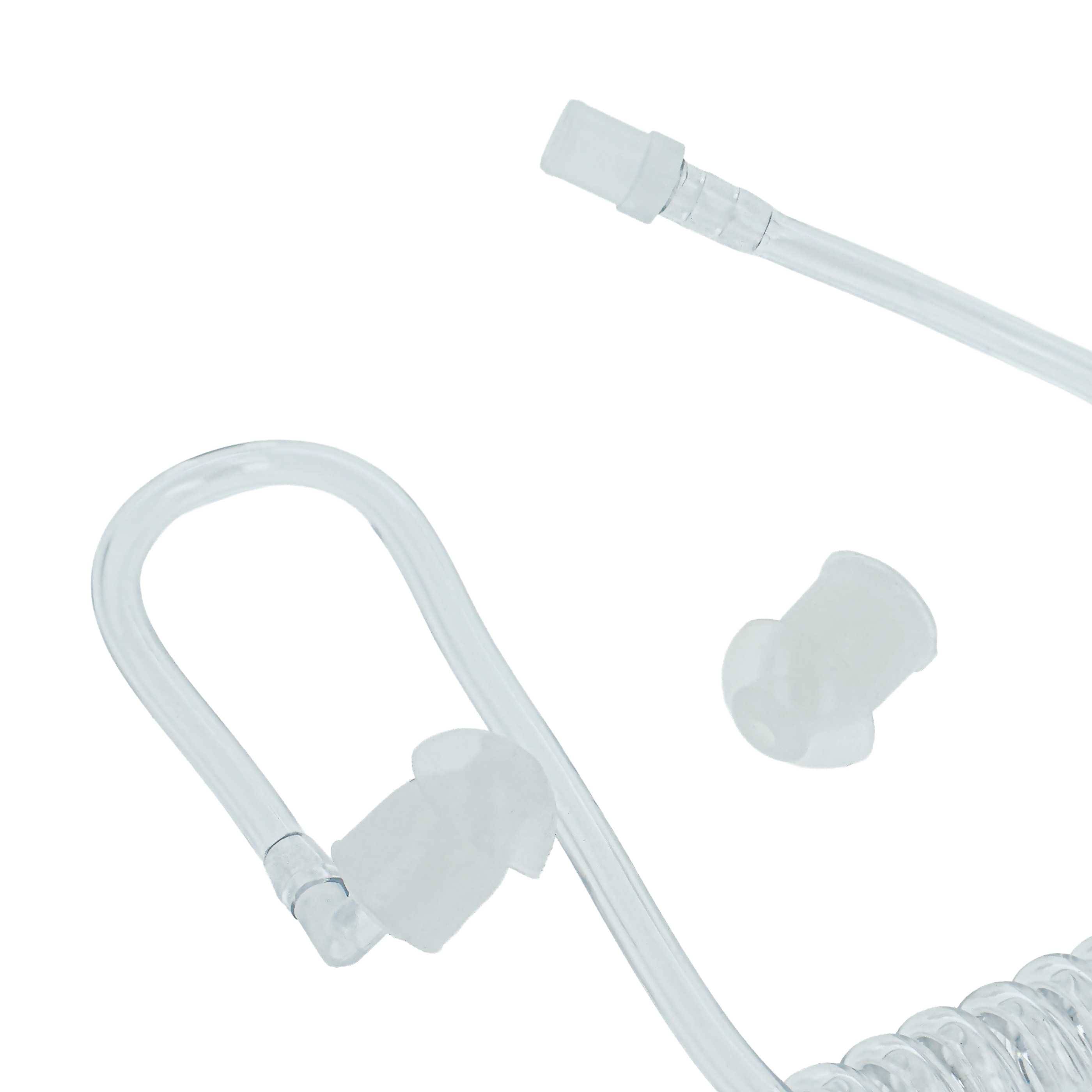 Ein flexibler Kunststoffschlauch mit Anschlüssen, wahrscheinlich für medizinische Zwecke, mit einem L-förmigen Gelenk und einem transparenten Abschnitt.