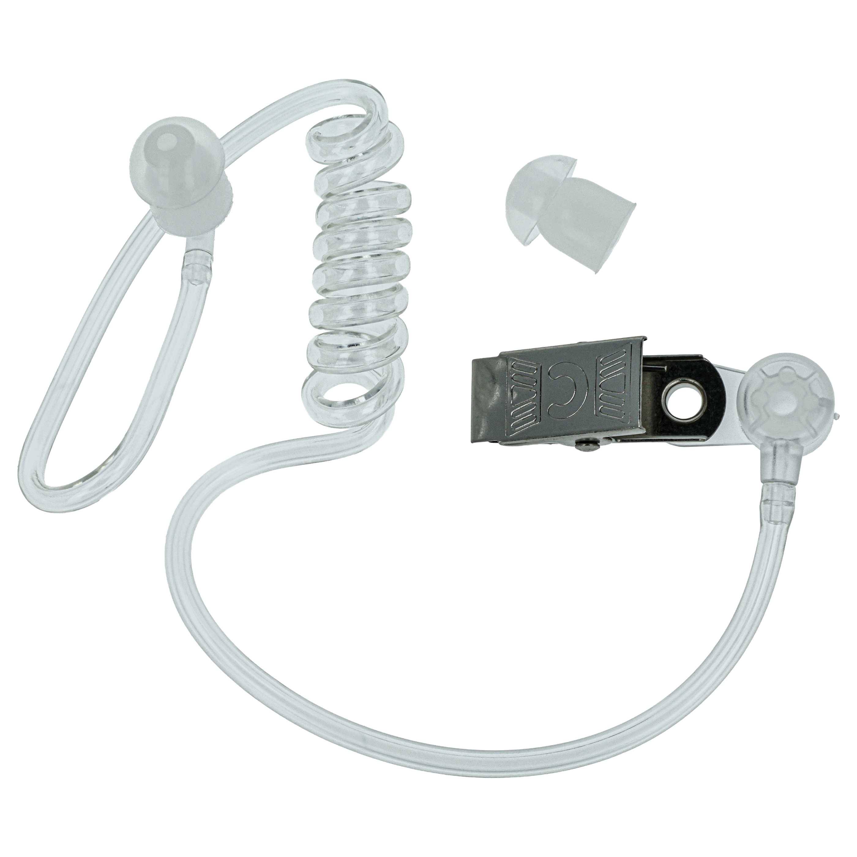 Ohrsatz mit transparentem Spiralschlauch und Clip, ausgestattet mit einem Ohrhörer mit abnehmbarer Silikonspitze, konzipiert für diskrete Kommunikation.
