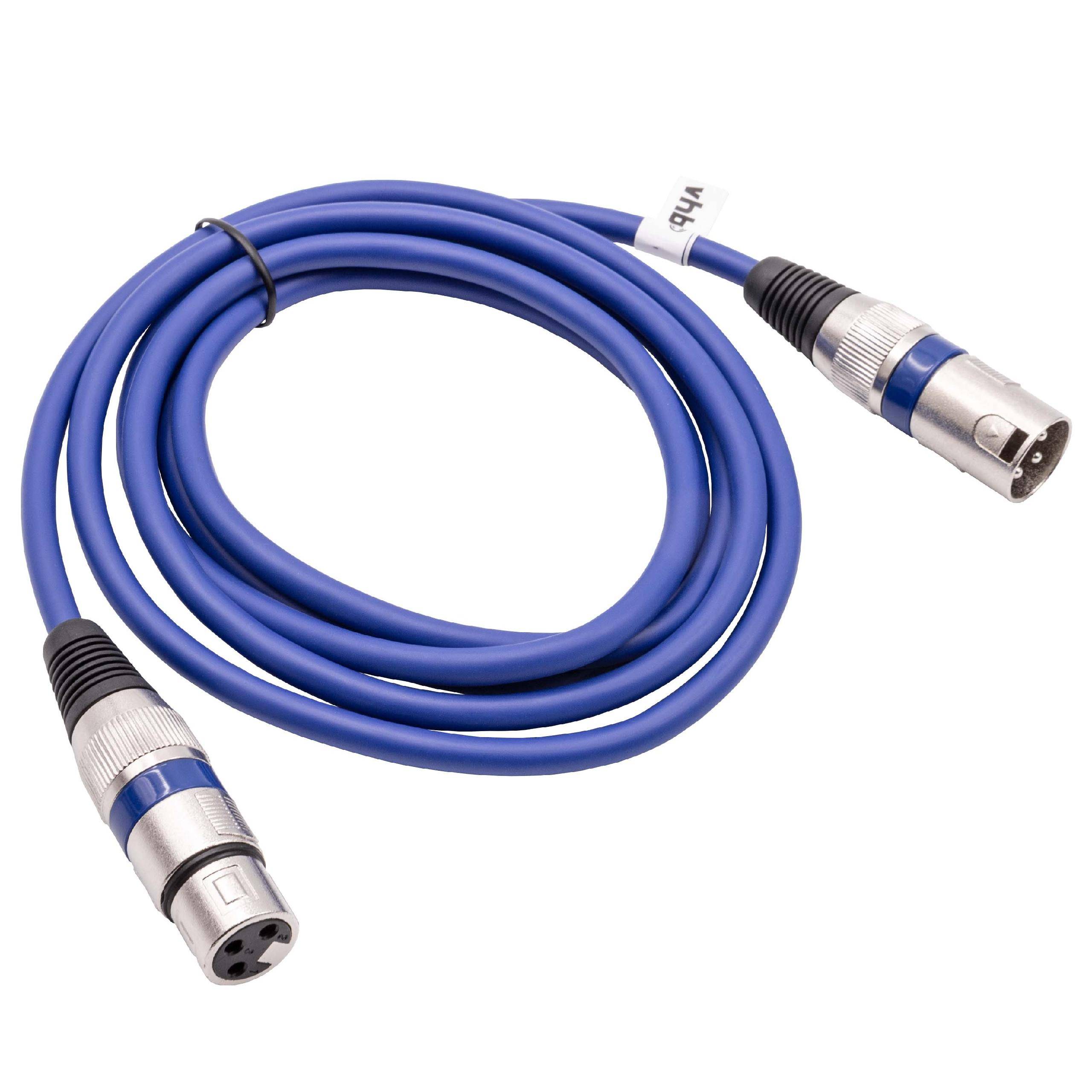 Ein aufgerolltes blaues XLR-Kabel mit Metallsteckern und schwarzen Griffen wird gezeigt.