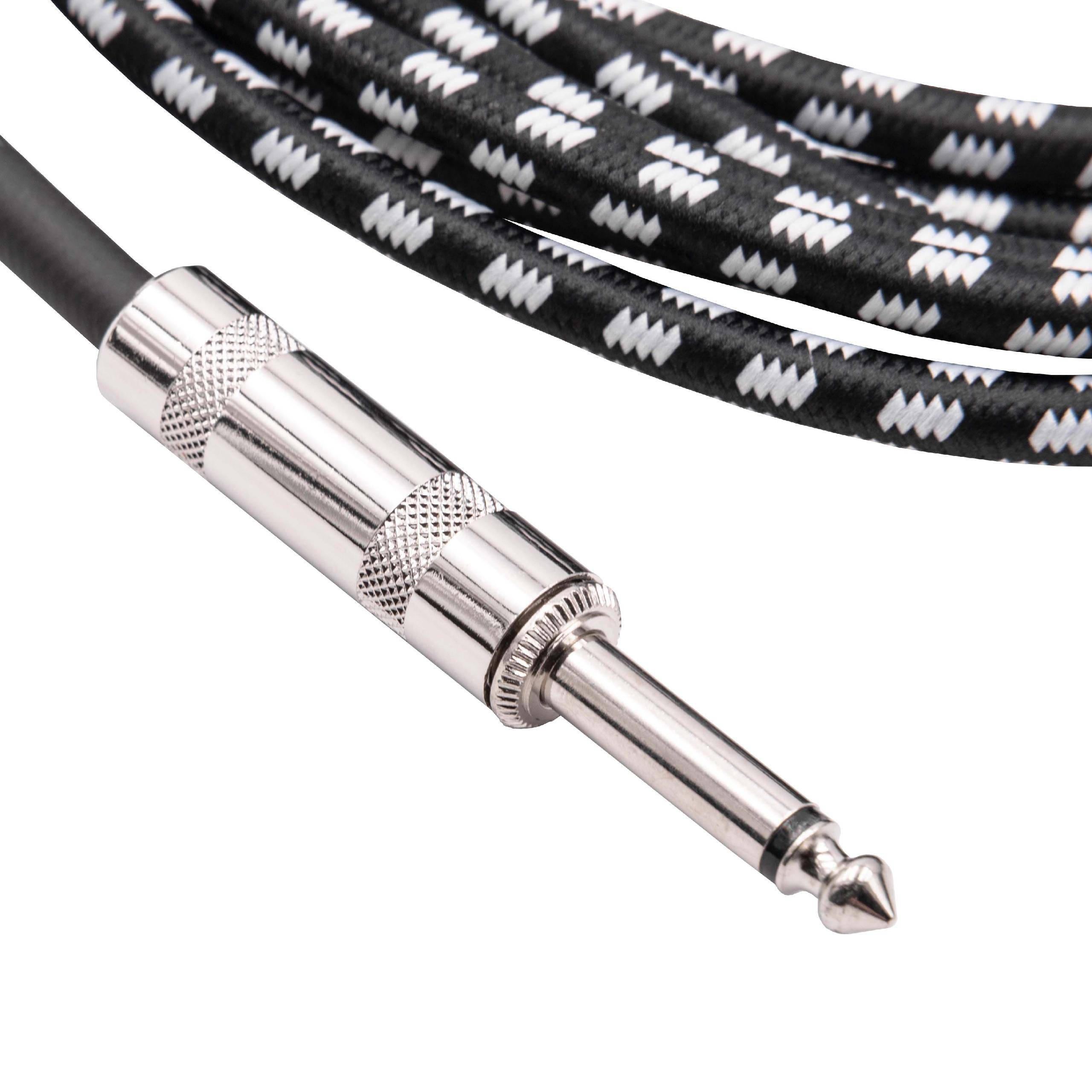 Ein schwarz-weißes geflochtenes Audiokabel mit einem silbernen 1/4-Zoll-Stecker, das für Verbindungen von Musikinstrumenten oder Audiogeräten verwendet wird.