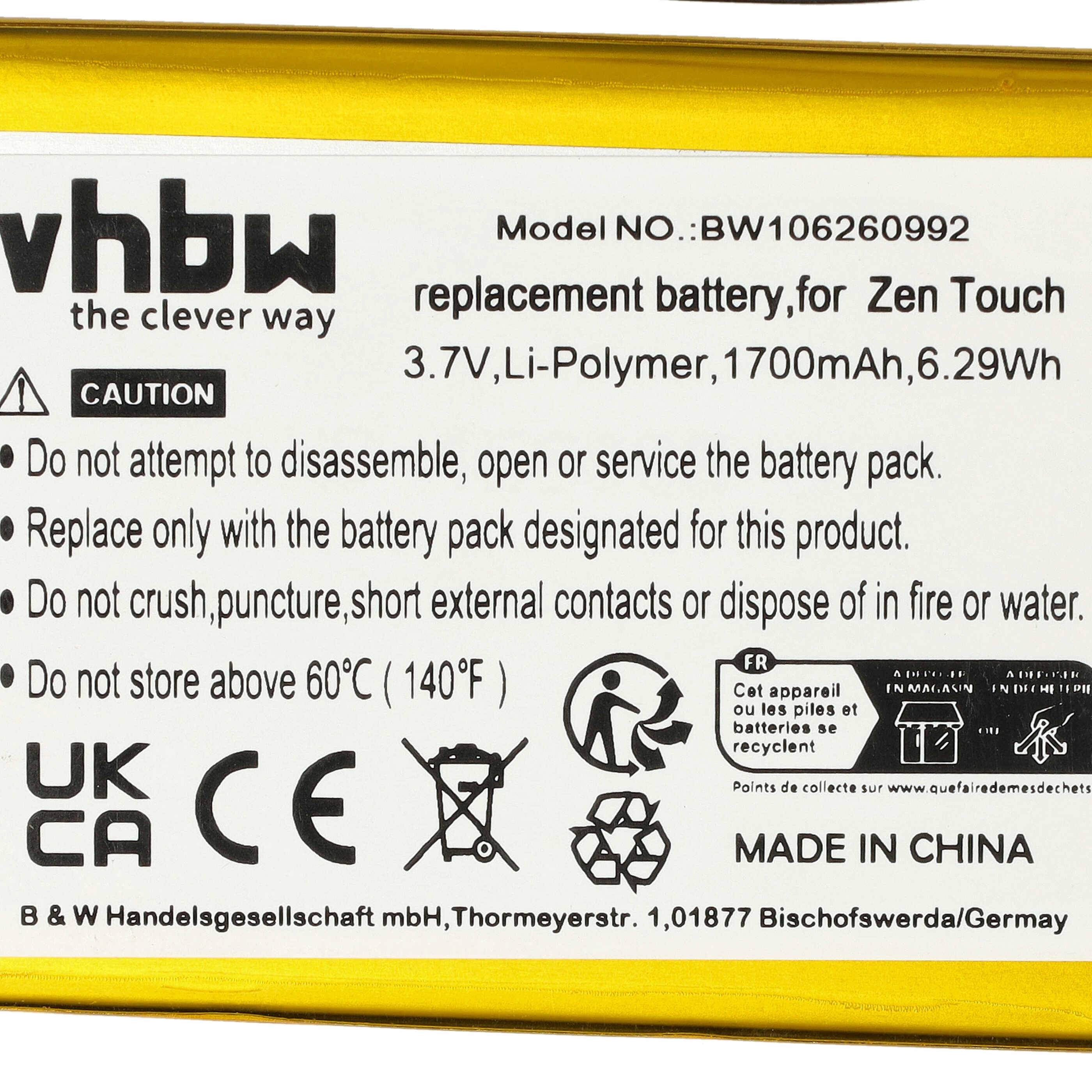 Etikett auf einem Ersatzakku für Zen Touch mit Modell BW106260992, 3,7V Li-Polymer 1700mAh 6,29Wh, Sicherheitswarnungen und Hergestellt in China.