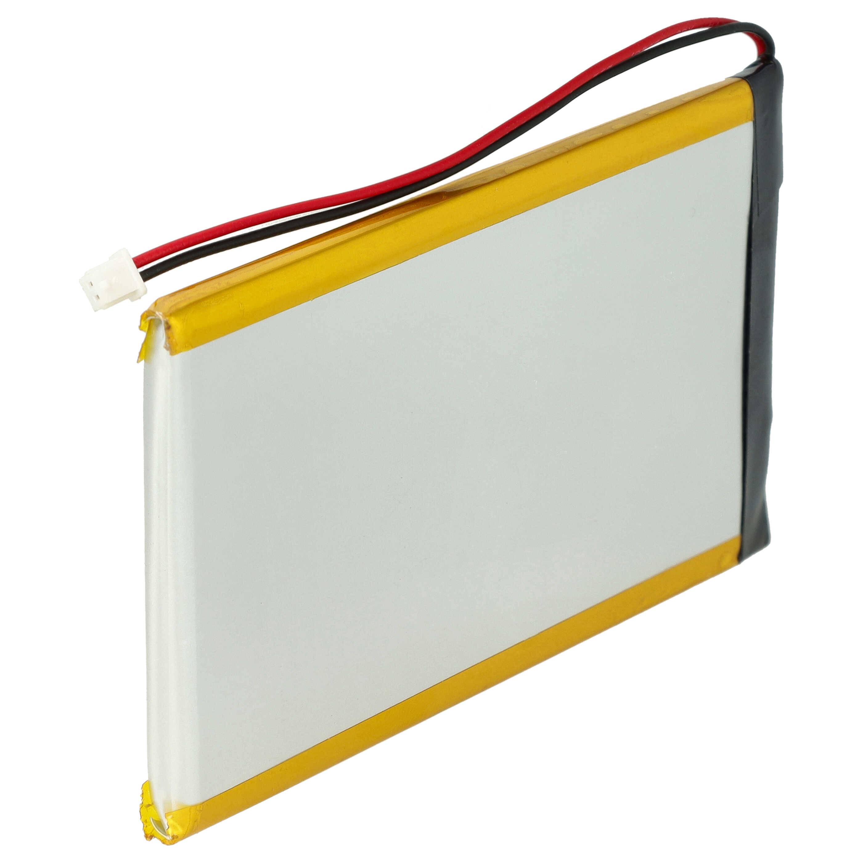 Flaches wiederaufladbares Lithium-Ionen-Akkupack mit roten und schwarzen Drähten und weißem Stecker auf weißem Hintergrund.