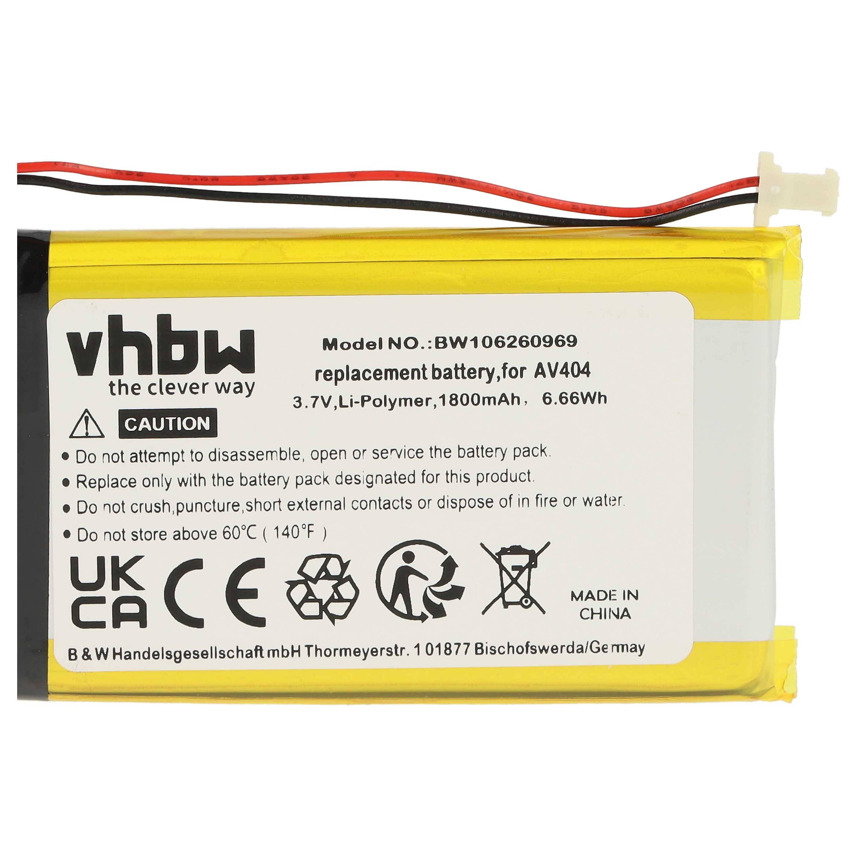 Eine gelbe 3,7V Lithium-Polymer-Ersatzbatterie, Modell BW106260969, 1800mAh, mit einer Vorsichtsnotiz zur Vermeidung von Beschädigungen. Made in China.