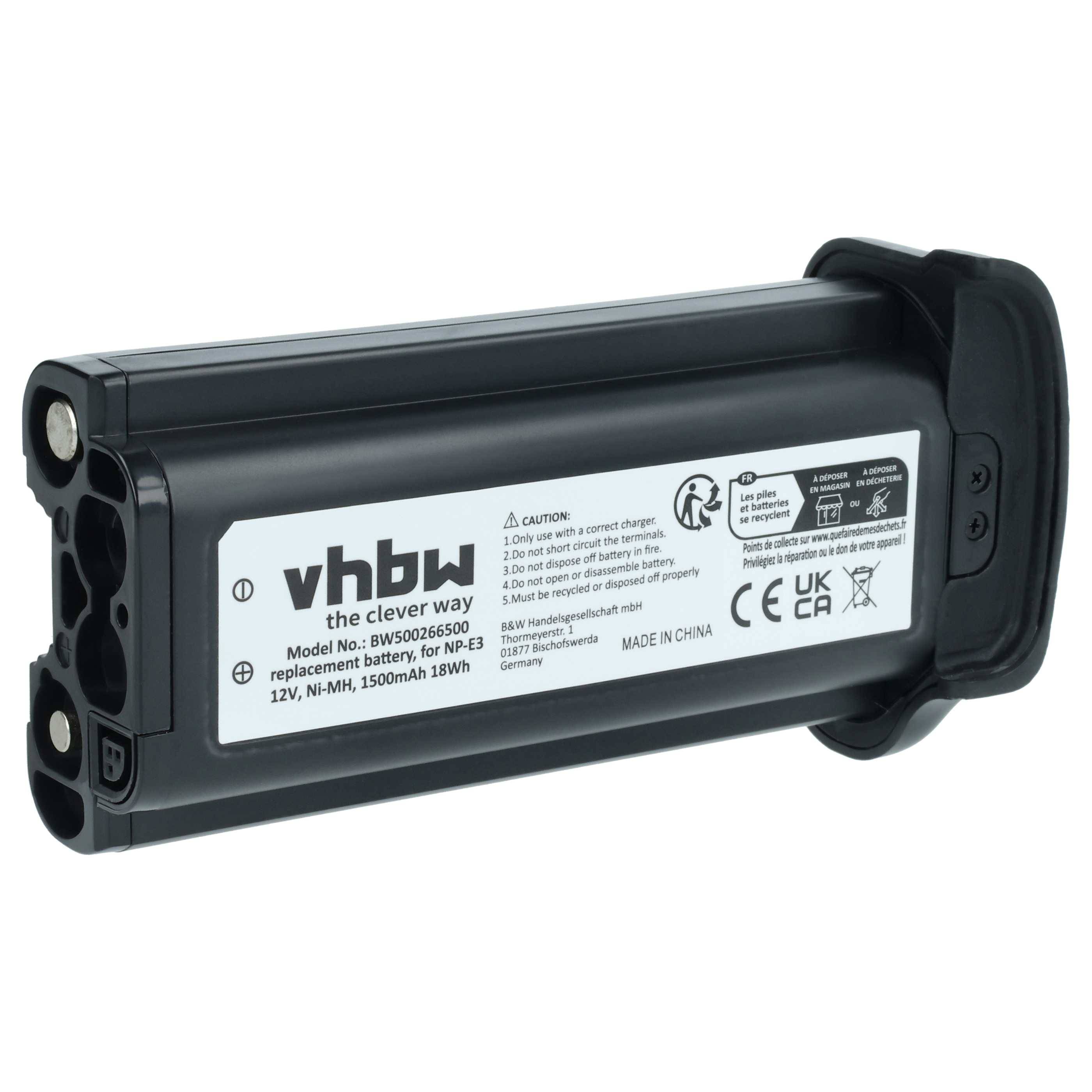 Ein schwarzes vhbw Akkupack mit Modellnummer BW506260650-B3 für NPF, 12V, 1500mAh, 18Wh, dargestellt mit Warn- und Zertifizierungsetiketten.