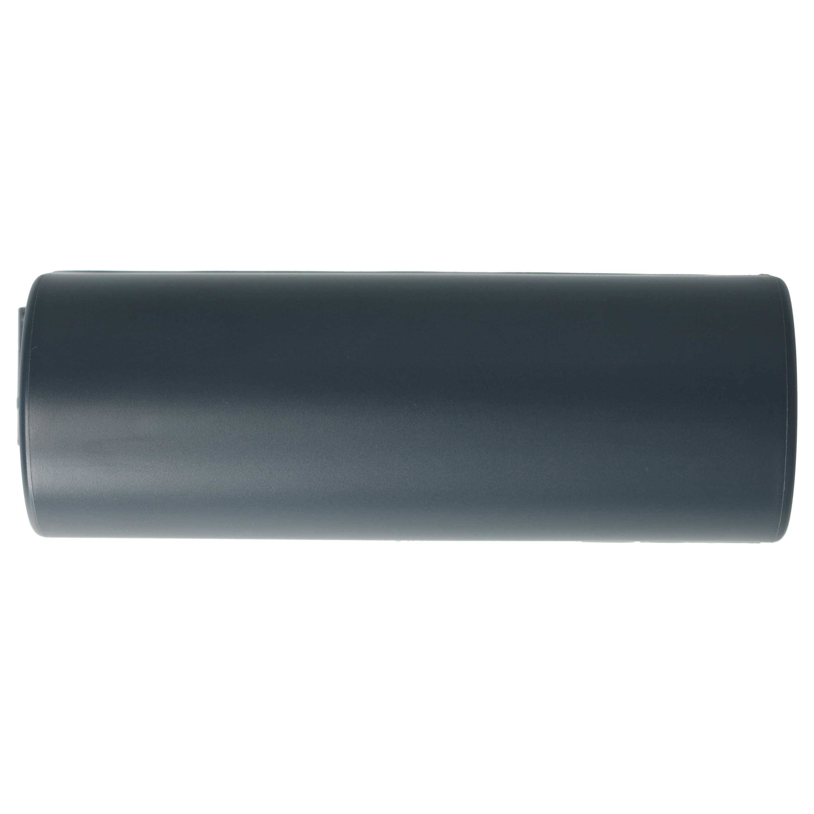 Ein schwarzes zylindrisches Objekt mit einer glatten Oberfläche, von der Seite betrachtet, möglicherweise eine aufgerollte Matte oder ein Rohr.