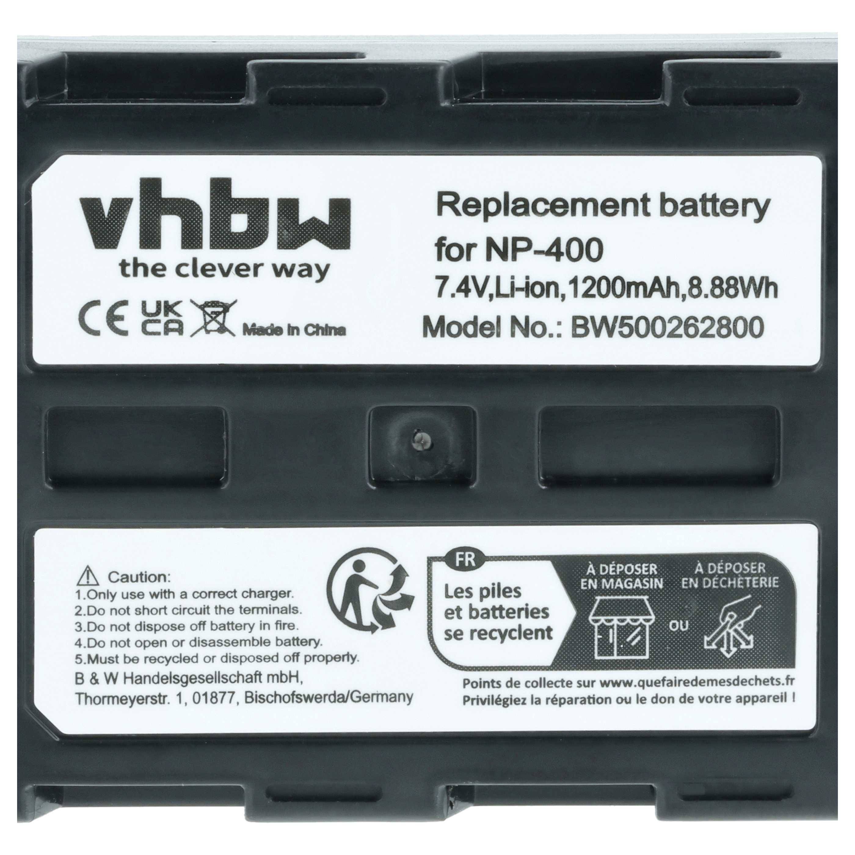 vhbw Ersatzbatterie für NP-400, 7,4V, Li-Ion, 1200mAh, 8,88Wh, Modellnummer: BW500262800. Sicherheitswarnungen und Entsorgungsanweisungen in mehreren Sprachen.