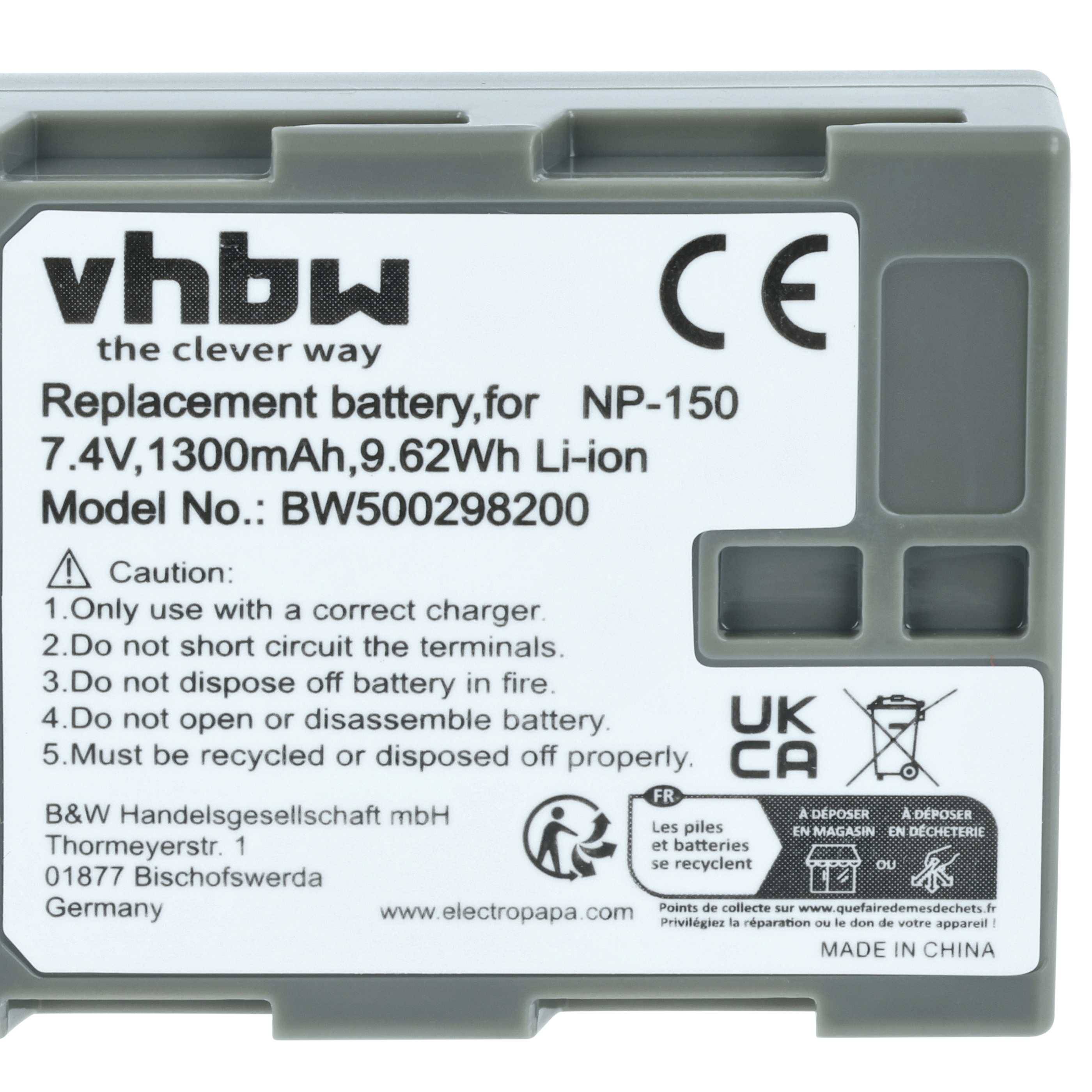 Ersatzbatterie für NP-150, 7,4V, 1300mAh, 9,62Wh Lithium-Ionen. Modell-Nr.: BWH50029820. Nicht kurzschließen oder auseinandernehmen.