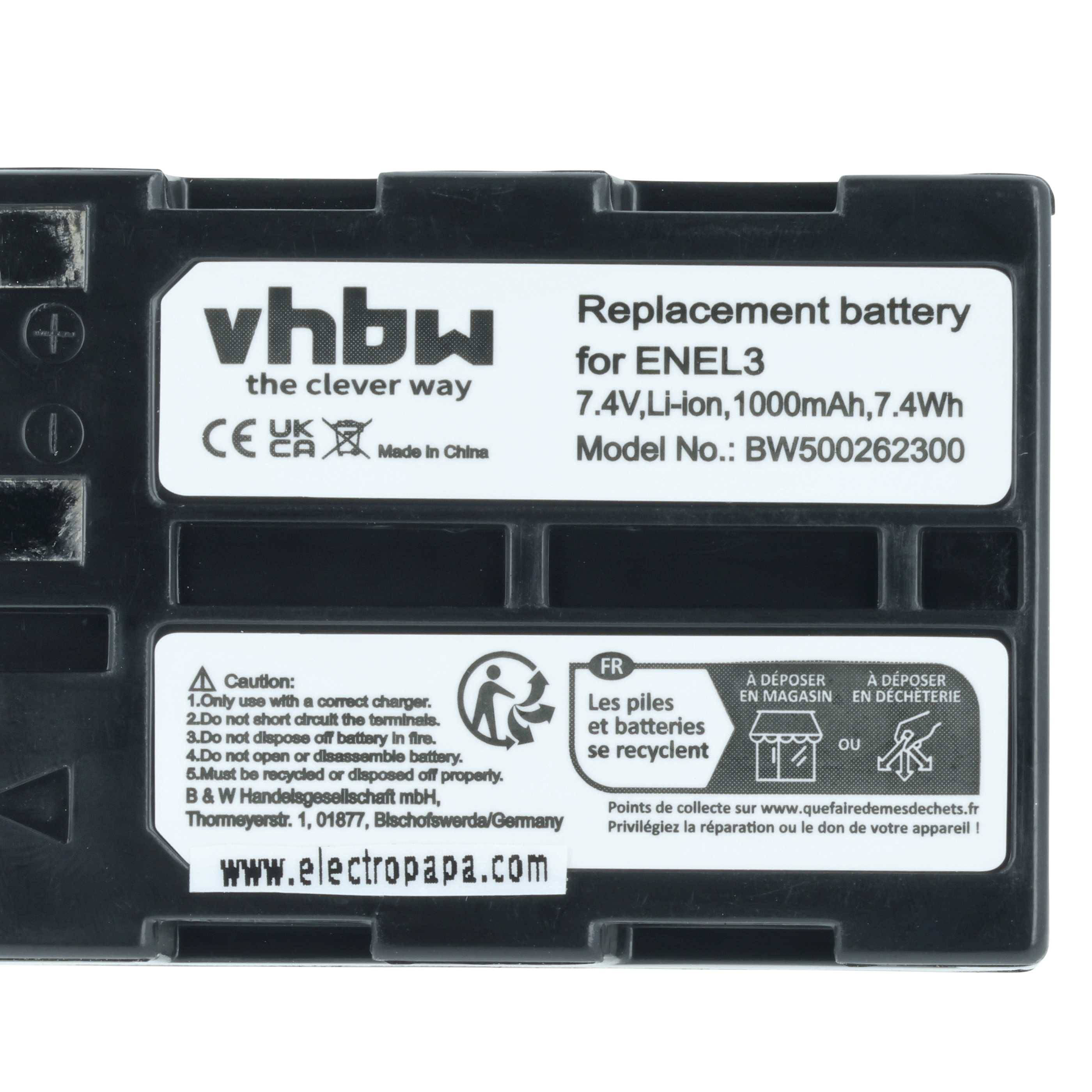 Akku mit Wiederaufladbarkeit, gekennzeichnet als 'vhbw der clevere Weg', kompatibel mit ENEL3, 7,4V, 1000mAh, 7,4Wh, Modell BW50026300.