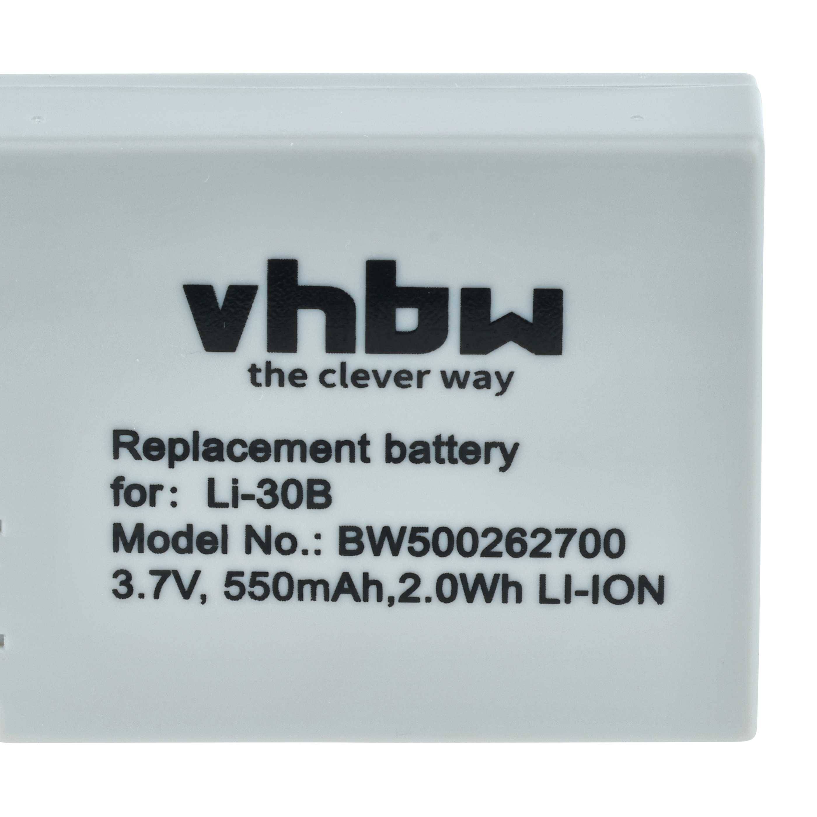 Eine weiße Batterie, beschriftet mit ‚vhbw the clever way', entwickelt als Ersatz für Li-30B Modelle; Spezifikationen umfassen 3,7V, 550mAh, 2,0Wh, LI-ION.
