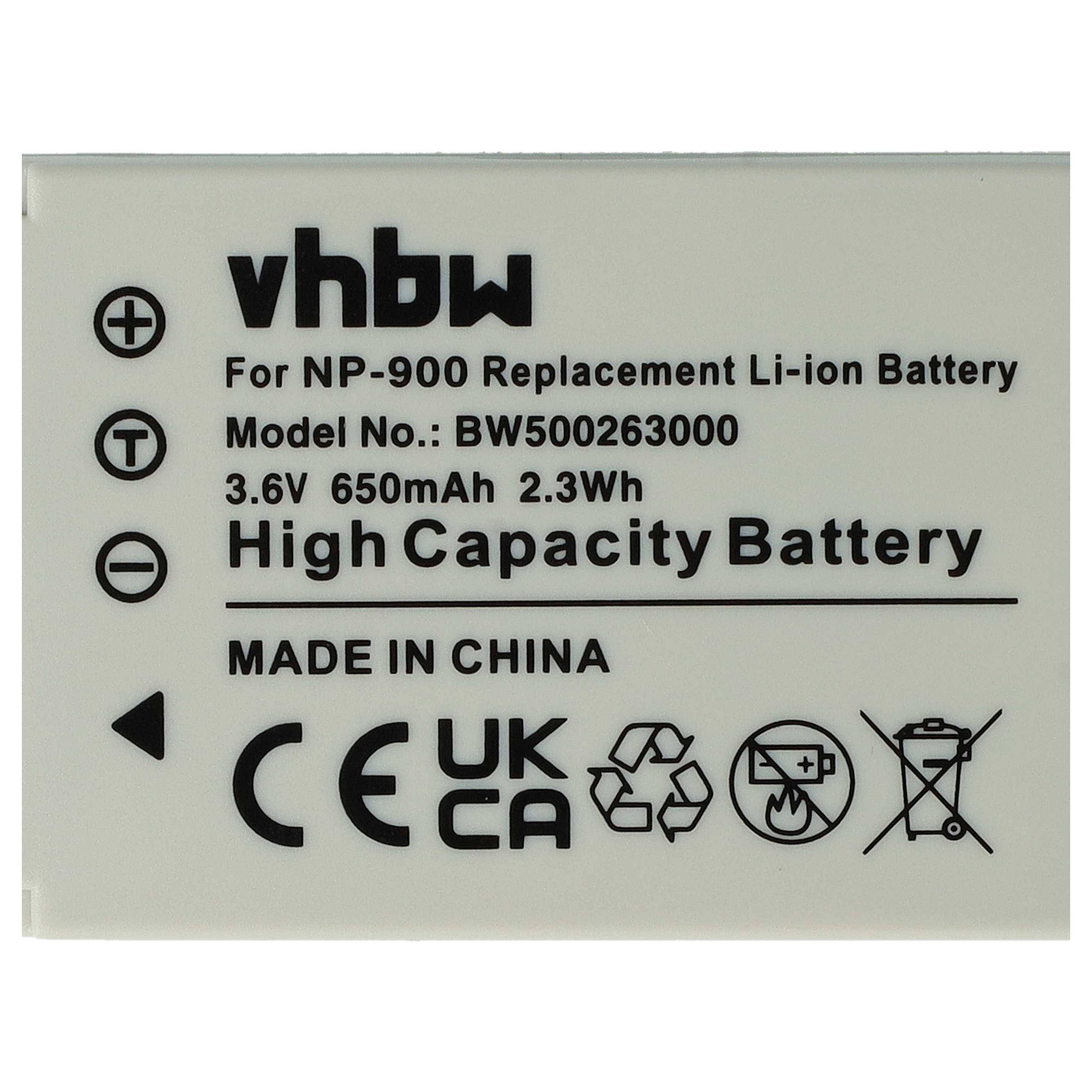Etikett auf einem vhbw NP-900 Ersatz-Li-Ionen-Akku, 3,6V 650mAh 2,3Wh, gekennzeichnet mit „Hochkapazitätsakku