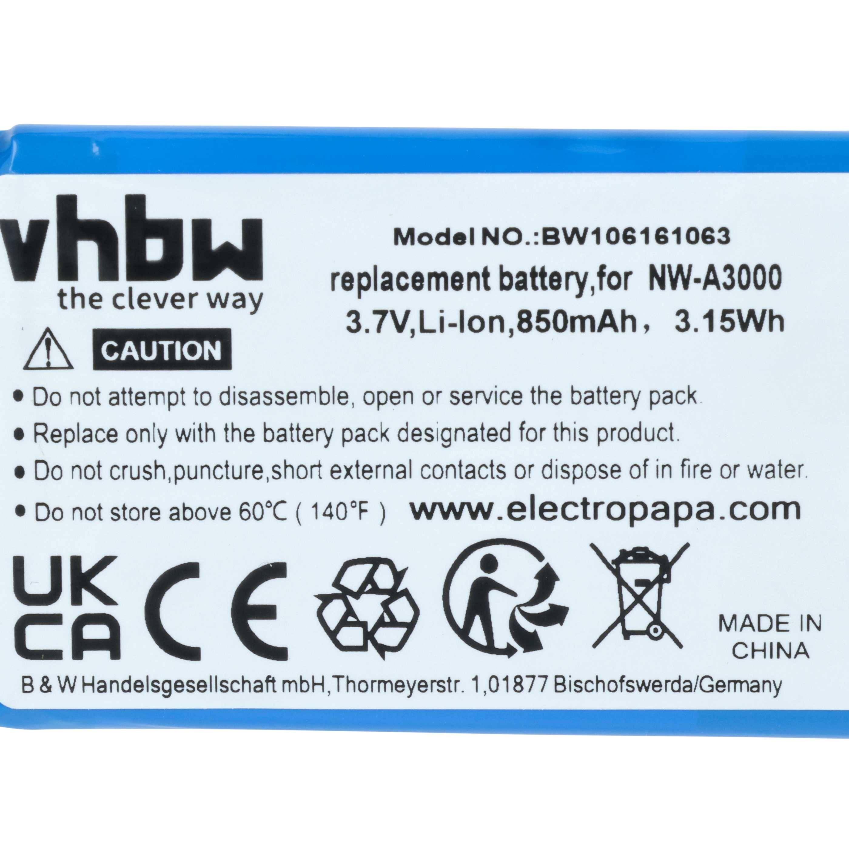 vhbw Ersatzbatterie für NW-A3000, 3,7V, Li-Ion, 850mAh, 3,15Wh. Nicht zerlegen, Hitze aussetzen oder zerdrücken. Hergestellt in China.