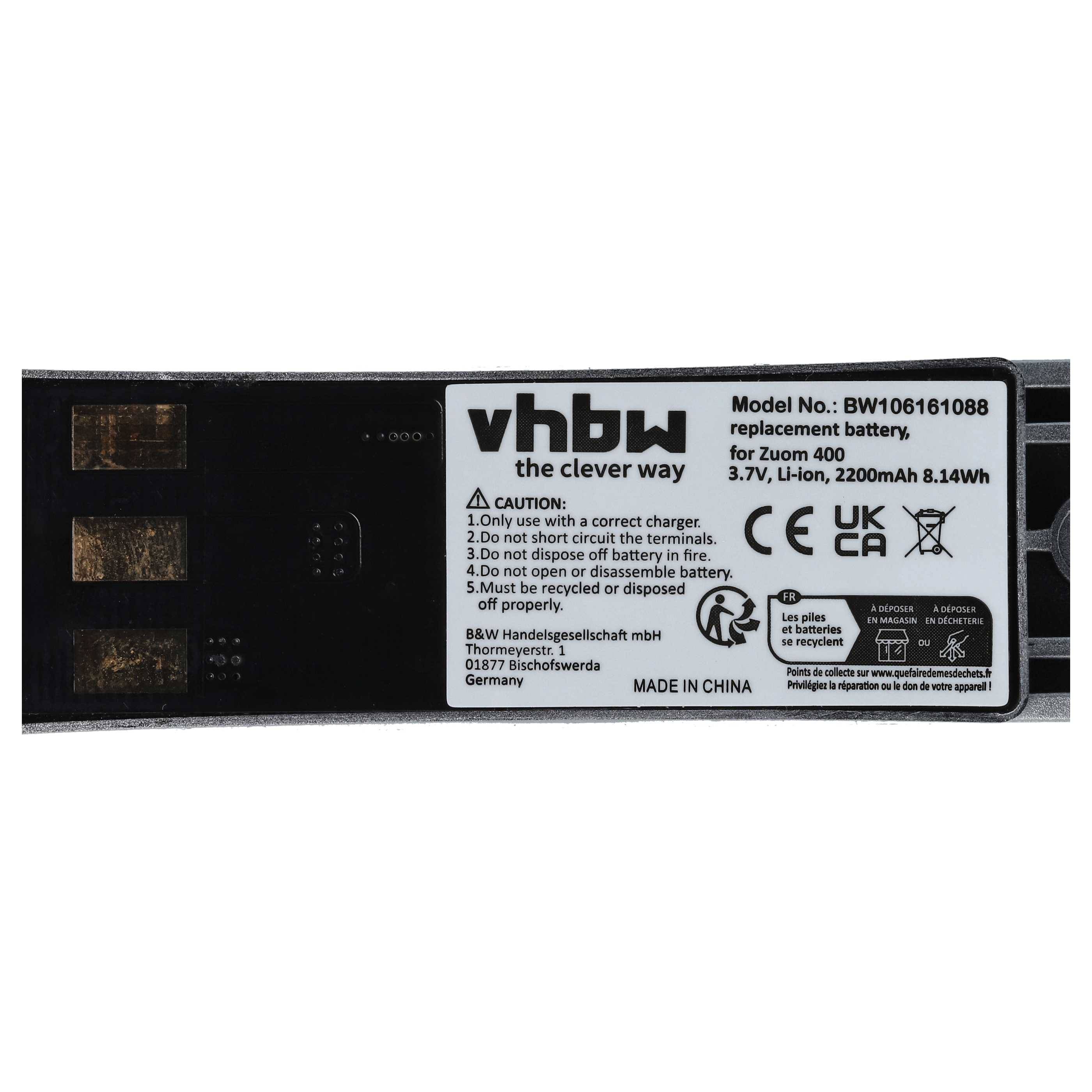 vhbw Ersatzbatterie für Zuum 400; Modellnummer: BW106161088; 3,7V, Li-Ion, 2200mAh, 8,14Wh; Warn- und Zertifizierungskennzeichen abgebildet.