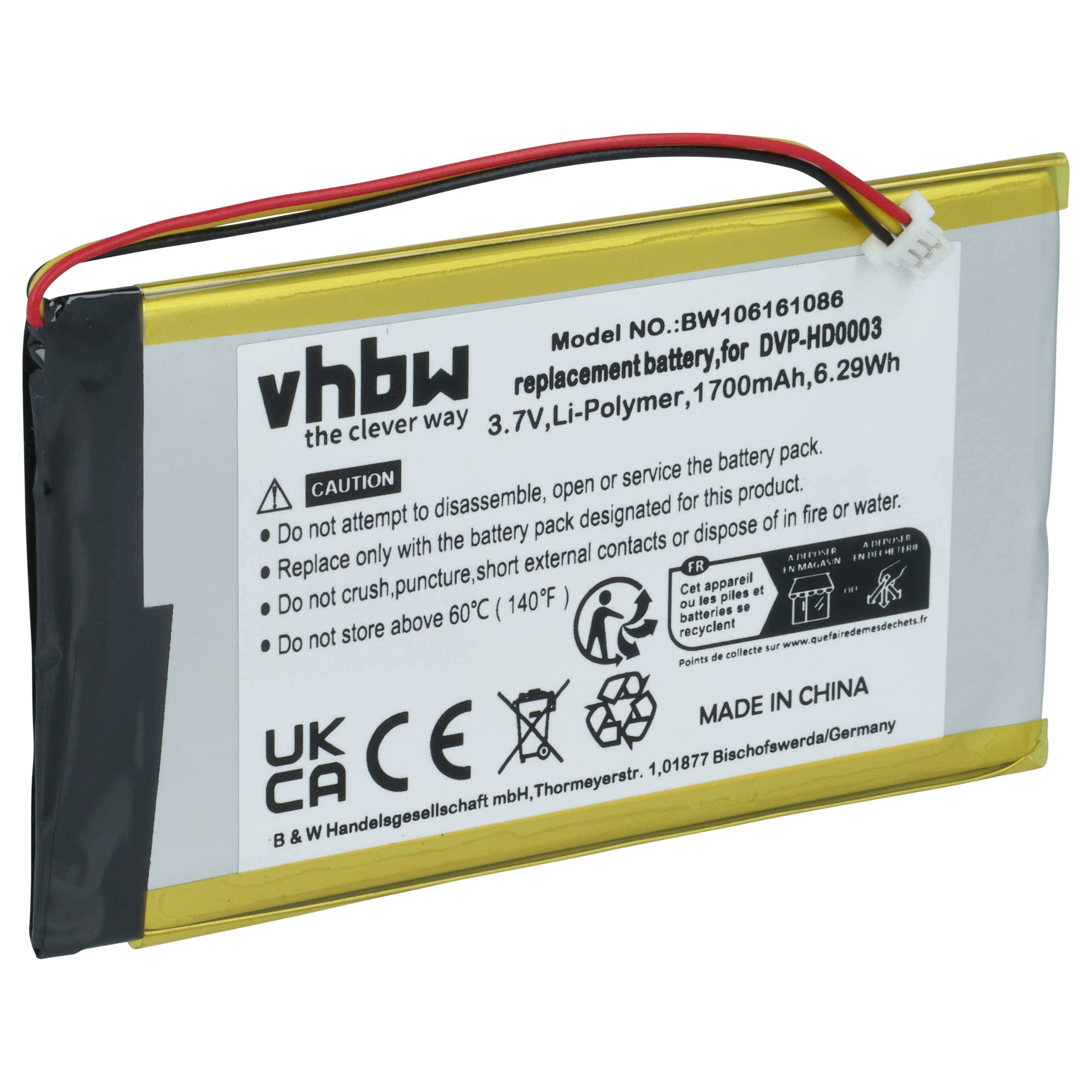 vhbw Ersatzakku für DVP-HD0003, 3,7V, Li-Polymer, 1700mAh, 6,29Wh. Warnung: Nicht zerlegen, kurzschließen oder 60°C aussetzen.