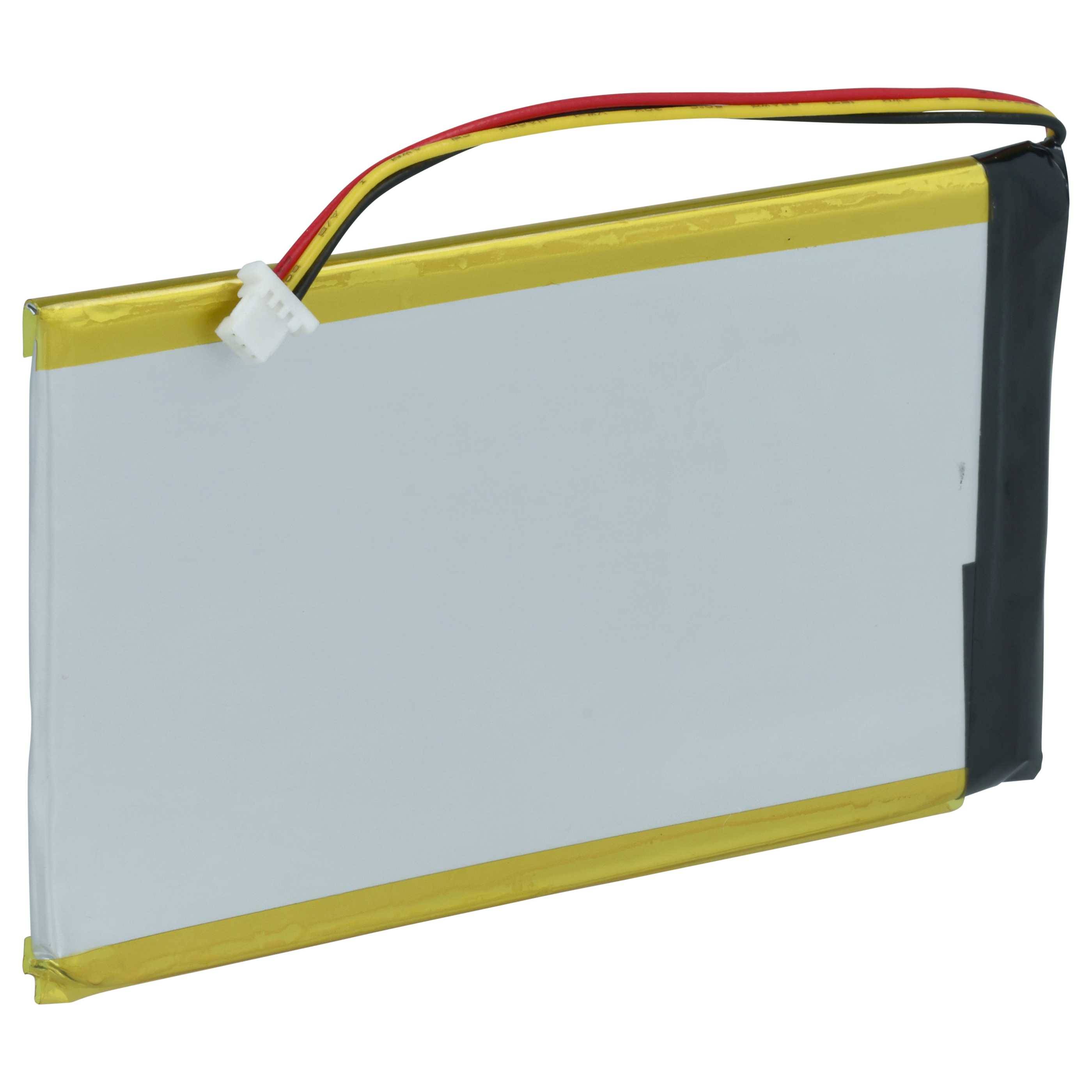 Eine rechteckige Lithium-Ionen-Batterie mit einer gelb-silbernen Ummantelung, ausgestattet mit einem roten, schwarzen und gelben Kabel, das mit einem Stecker verbunden ist.