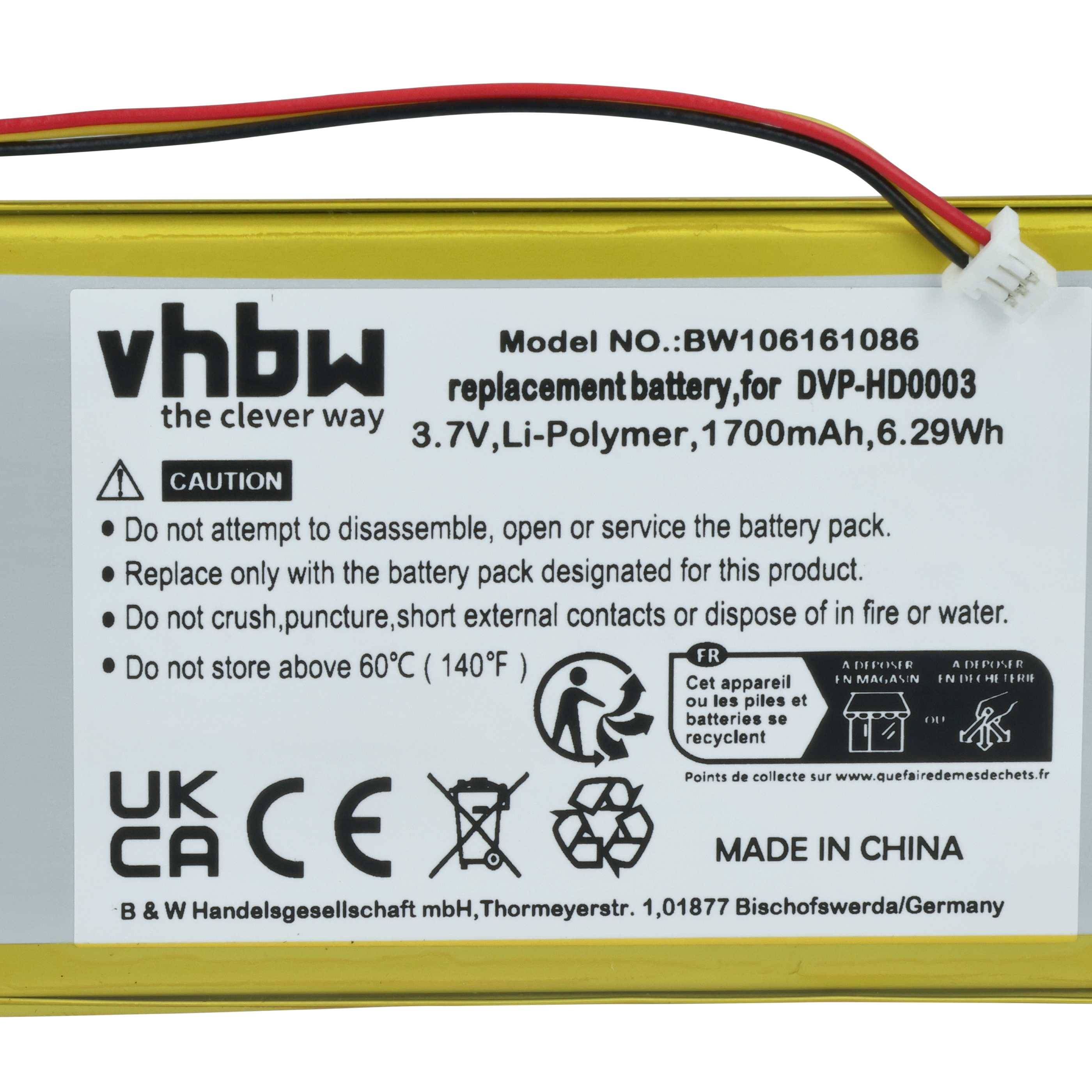 vhbw Akku Ersatz für Creative Labs LPCS285385, BA20603R79914, DVP-HD0003 für MP3-Player Musik Player (1700 mAh, 3,7 V, Li-Polymer)