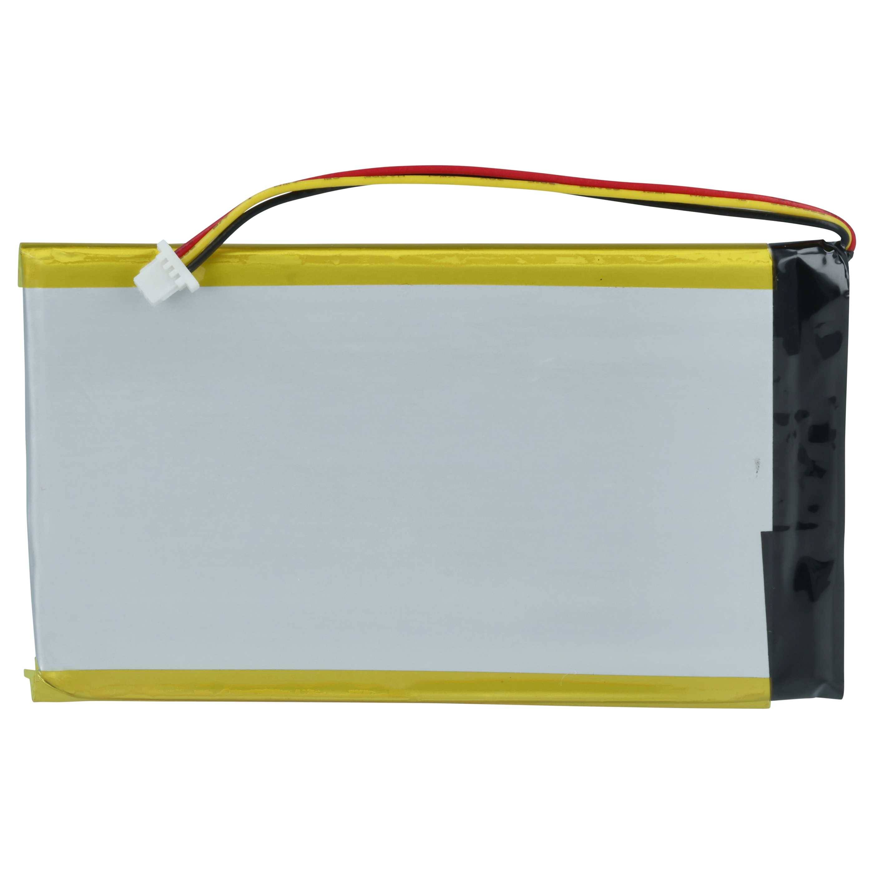 Ein rechteckiger Lithium-Polymer-Akku mit gelben Klebebändern an den Kanten und roten, schwarzen und gelben Kabeln, die von der Oberseite herausragen.