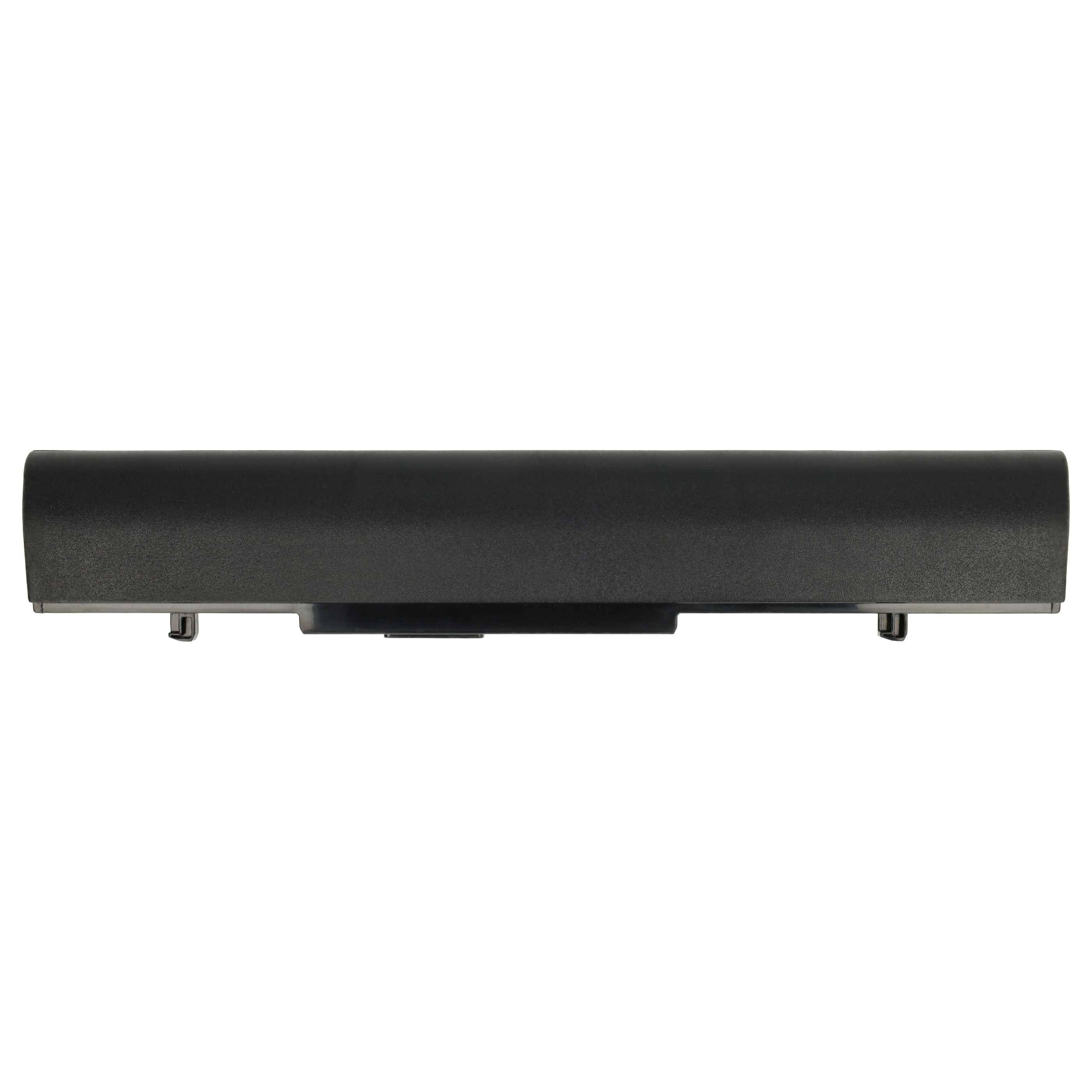 Eine rechteckige schwarze Soundbar mit minimalistischem Design, mit einem eleganten vorderen Bedienfeld und zwei kleinen Füßen zur Unterstützung, von vorne gezeigt.