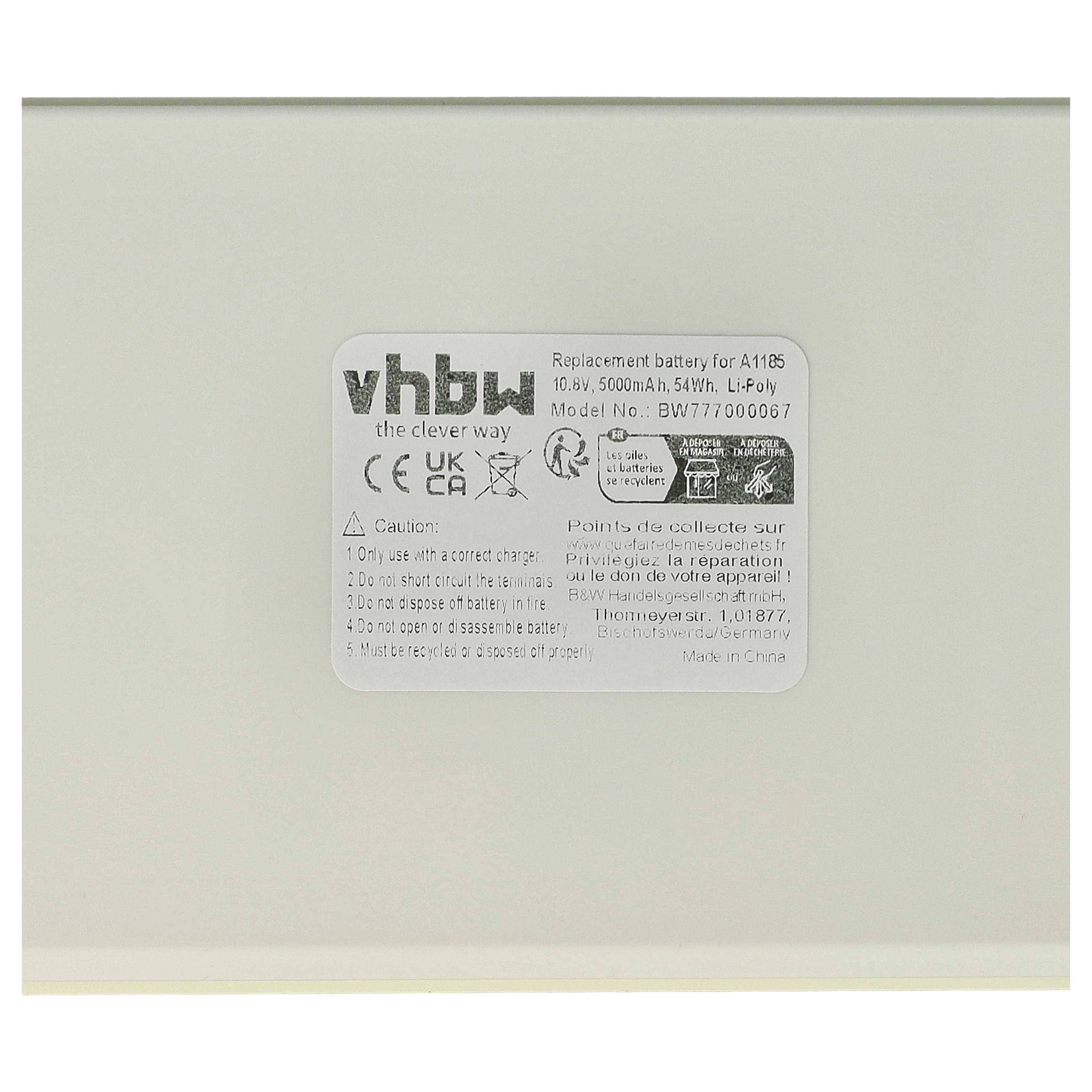 vhbw Akku kompatibel mit Apple MacBook 13" MB402J/A, 13" MB402B/A, 13" MB402/A, 13" MB062X/A Notebook (5000 mAh, 10,8 V, Li-Polymer)