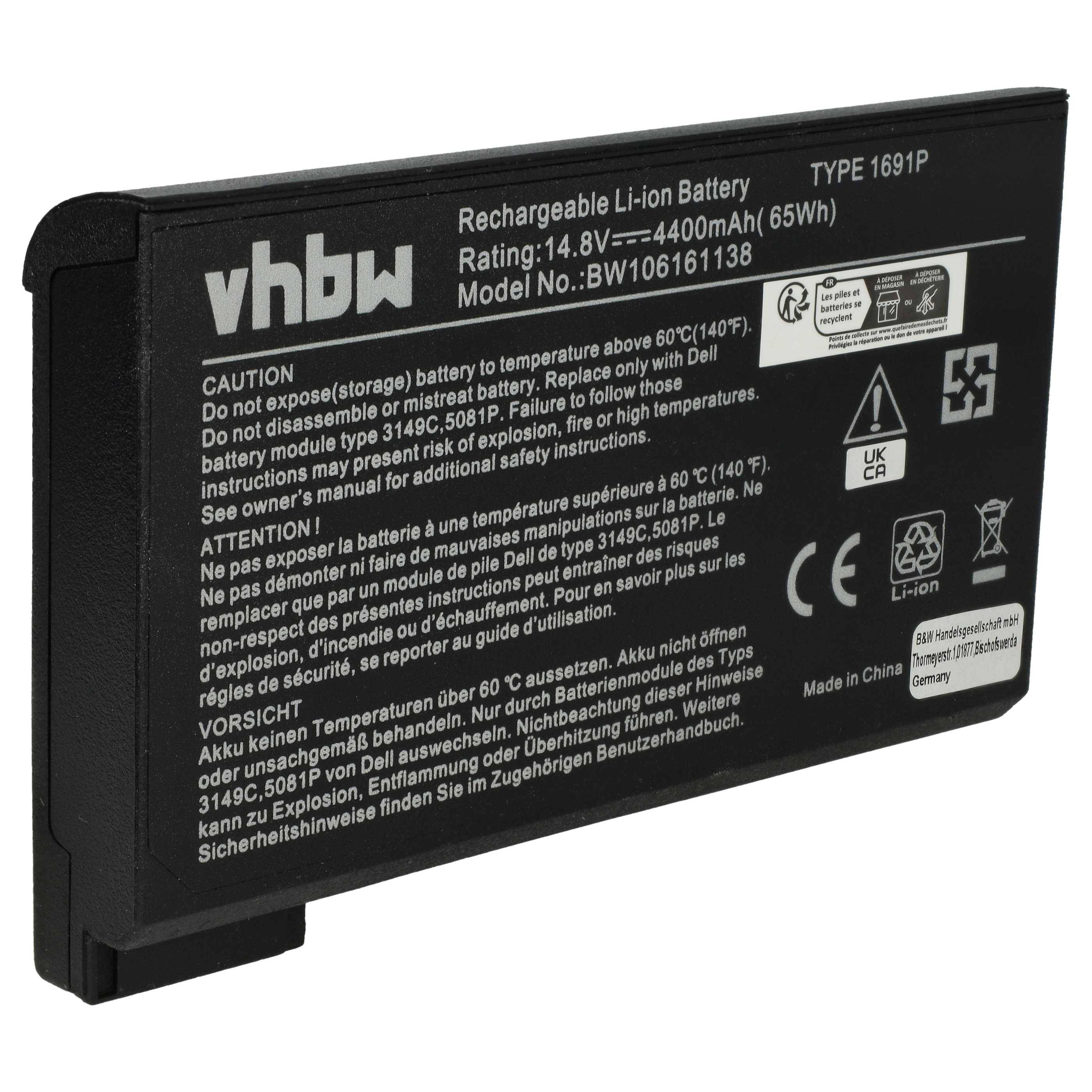 vhbw Akku Ersatz für Dell 1691P, 312-0009, 5208U, 312-3250, 312-0028, 5081P, 3149C für Notebook (4400 mAh, 14,8 V, Li-Ion)