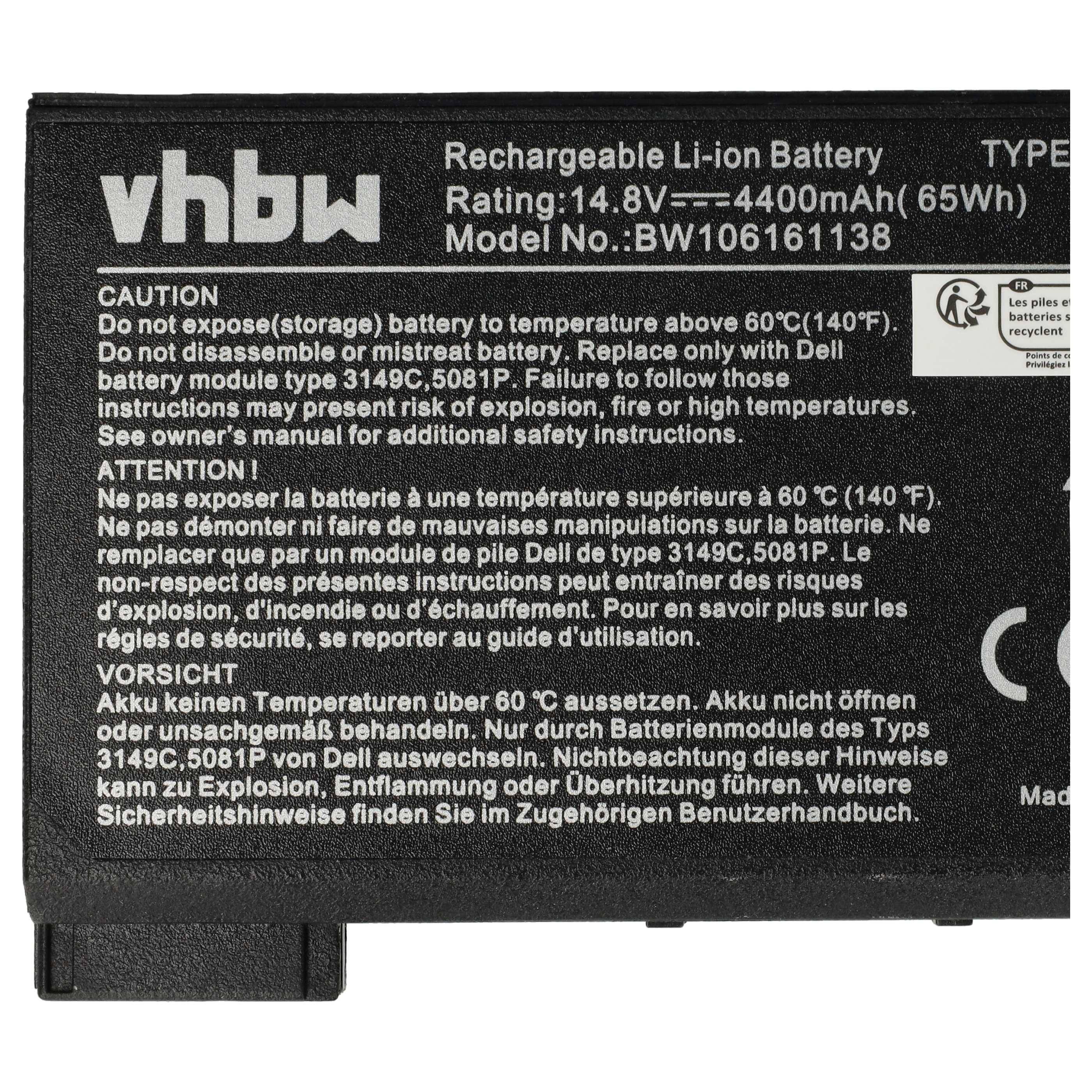 vhbw Akku Ersatz für Dell 1691P, 312-0009, 5208U, 312-3250, 312-0028, 5081P, 3149C für Notebook (4400 mAh, 14,8 V, Li-Ion)