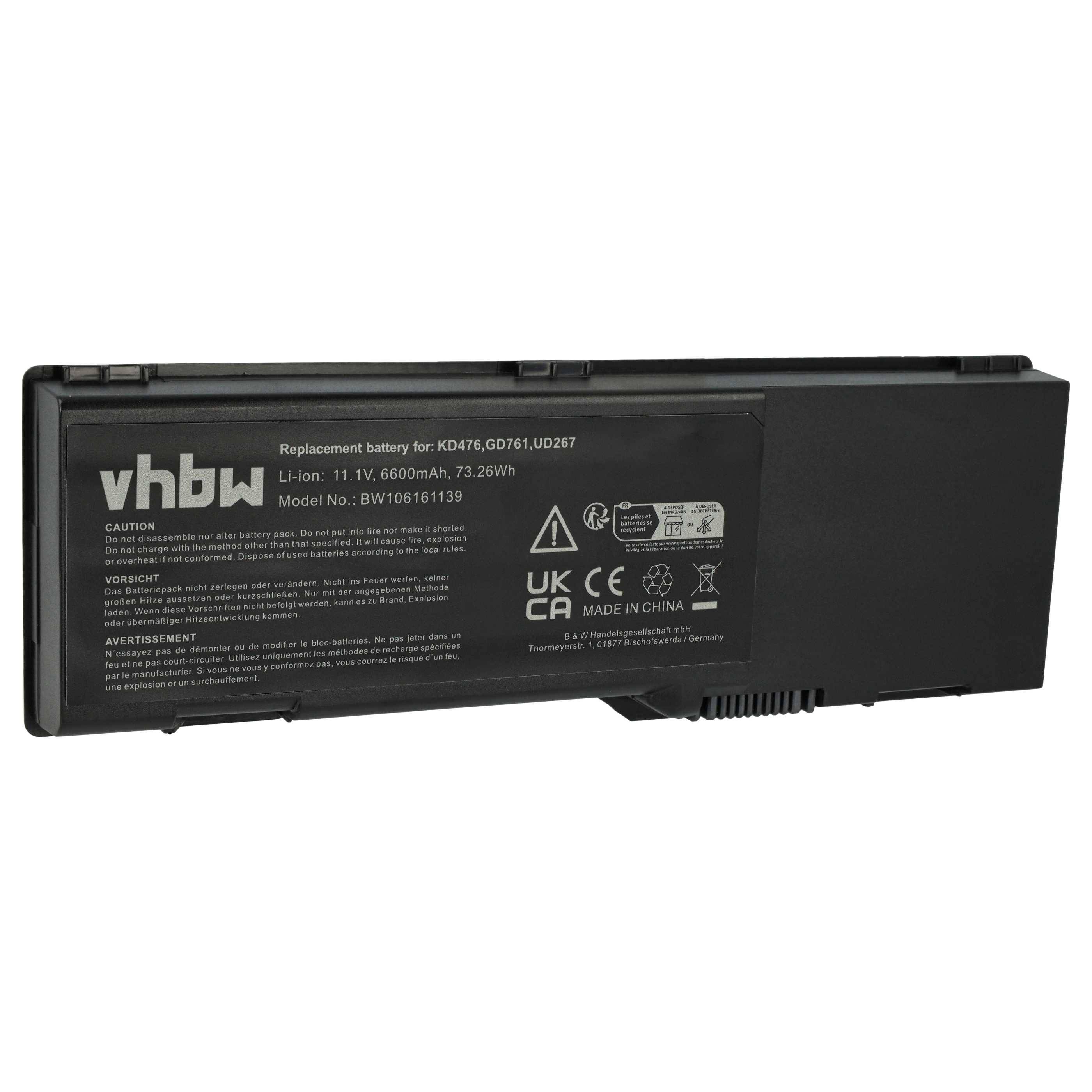 vhbw 1x Akku Ersatz für Dell Y4500, Y4501, XU937, Y436, UY628, XU882, XP115, XU863 für Notebook (6600 mAh, 11,1 V, Li-Ion)