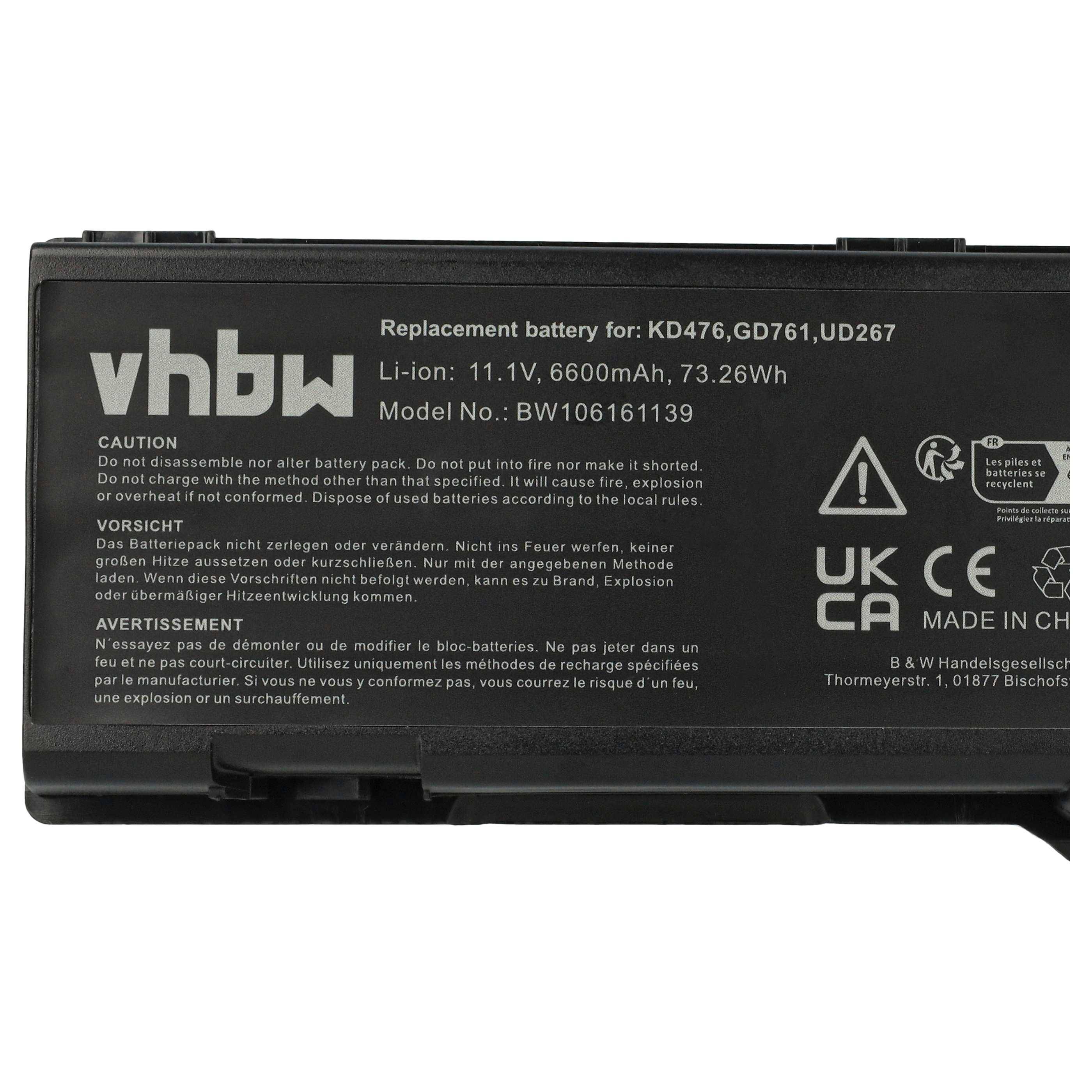 vhbw 1x Akku Ersatz für Dell U4873, UD260, TX280, UD267, UD264, UD265, TM787, TM795 für Notebook (6600 mAh, 11,1 V, Li-Ion)