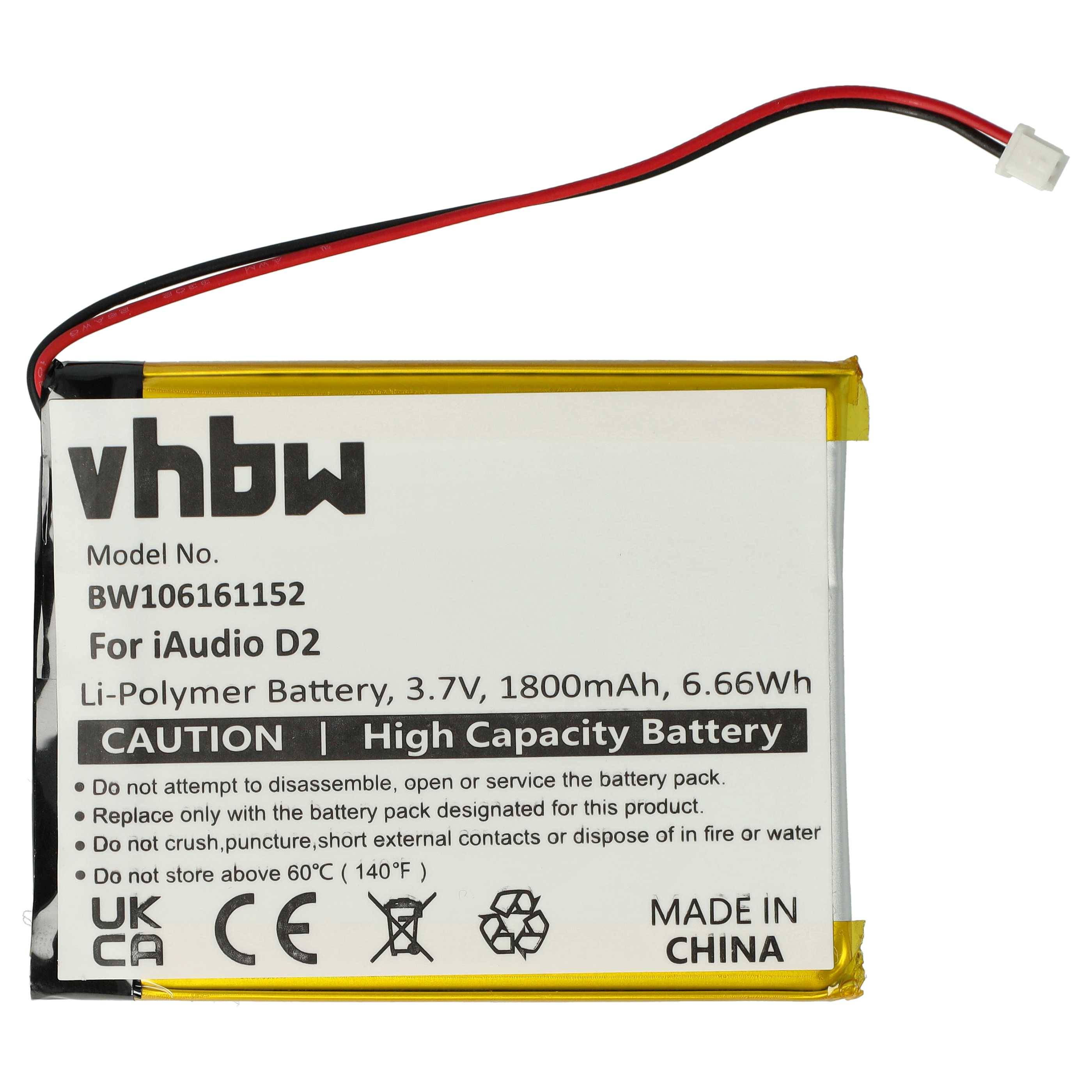 vhbw Akku kompatibel mit Cowon iAudio D2 16GB, D2 2GB, D2 4GB, D2 8GB MP3-Player Musik Player (1800mAh, 3,7V, Li-Polymer)